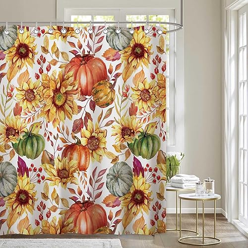 Miniatura 2 de Juego de cortinas de ducha de 72 x 72 pulgadas con diseño de calabazas, estilo bohemio, retro, acuarela, girasol, para otoño, cosecha, granja, baño,