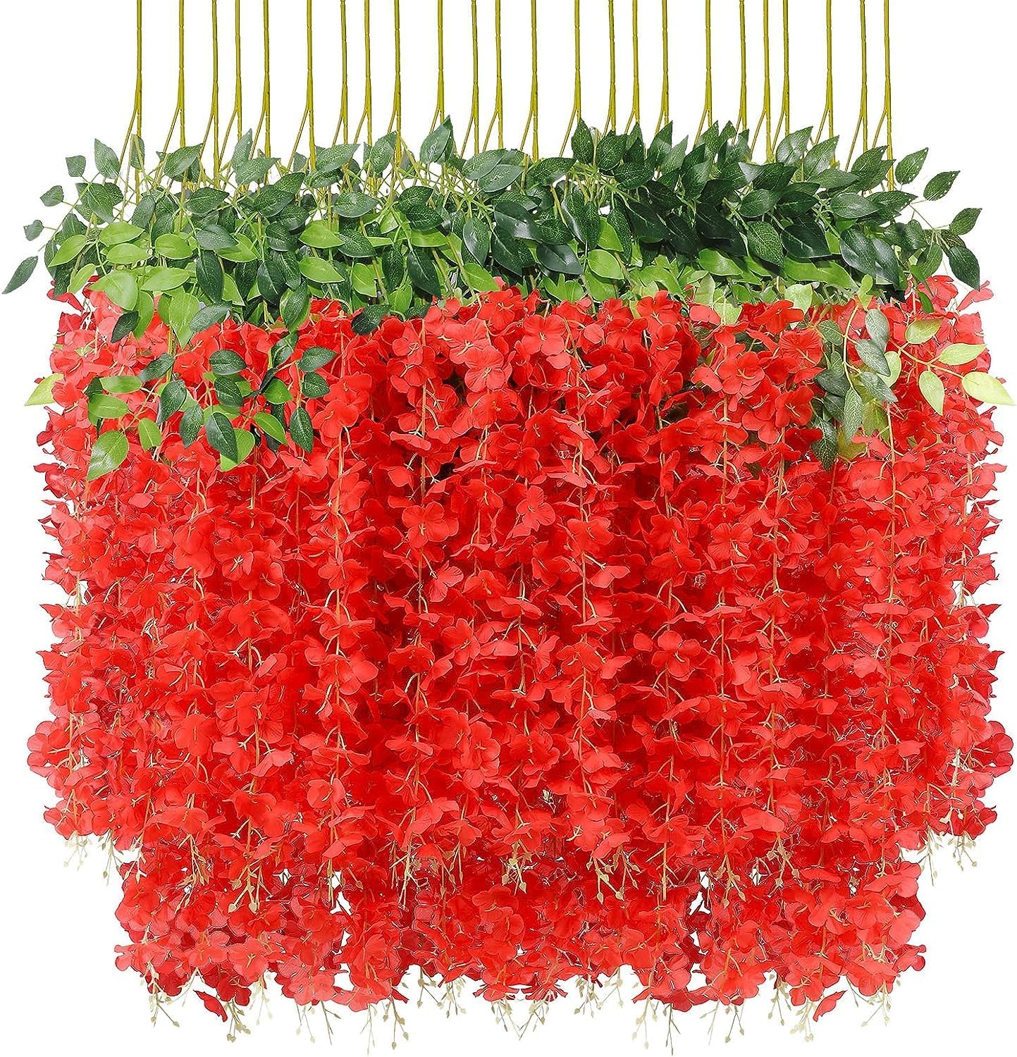 SATYAM KRAFT 24 Pcs (43.2 inch) Artificial Wisteria Vine Garland | Long Silk Hanging Flowers String for Wedding Decoration Items, Mandap, Birthday Party, Festival Event & Home Decor (Red)-image-43