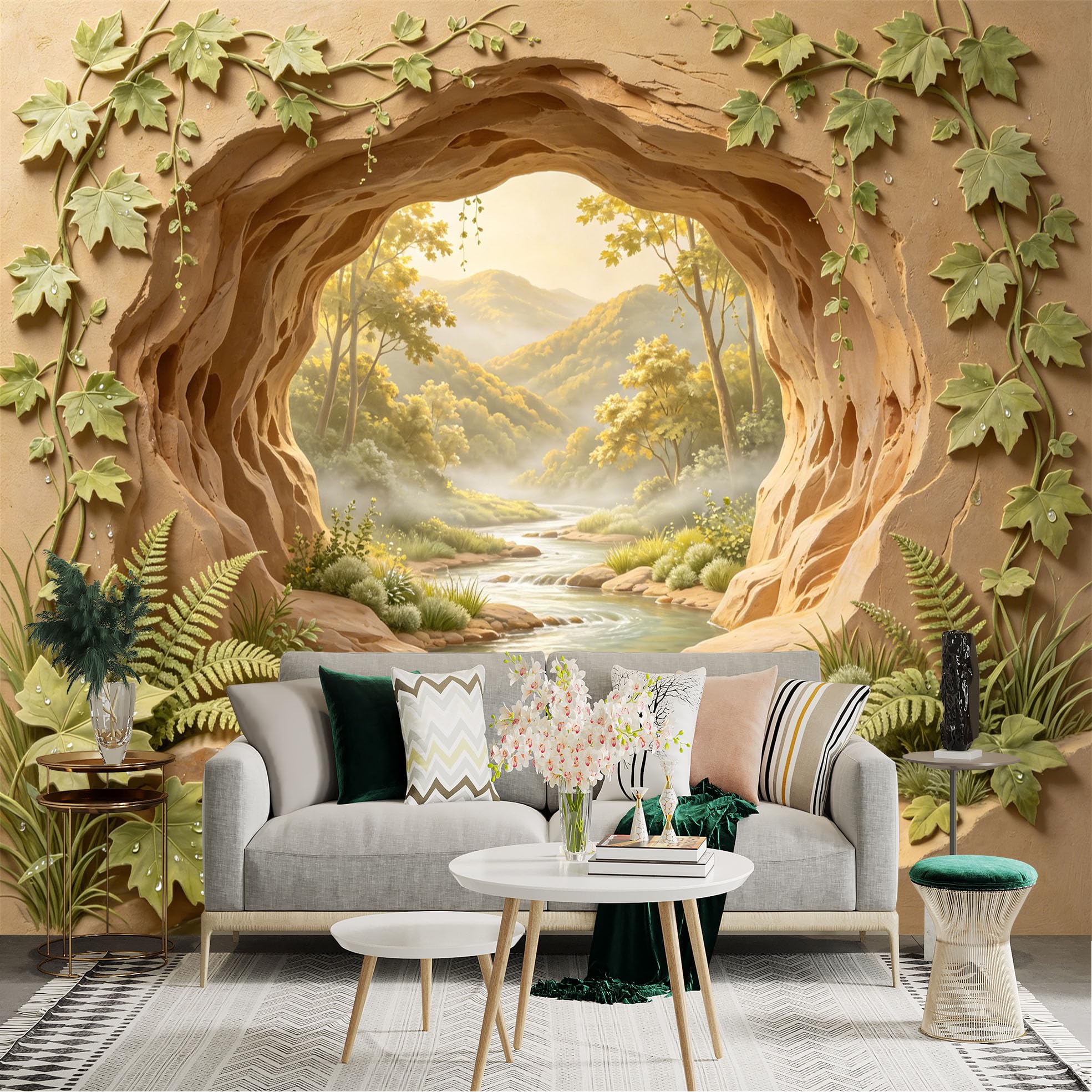 Custom Size Wall Sticker Mural， Forest Stream with Cave and Mountain Landscape， for wall Decoration， peelandstick wall Decals.
