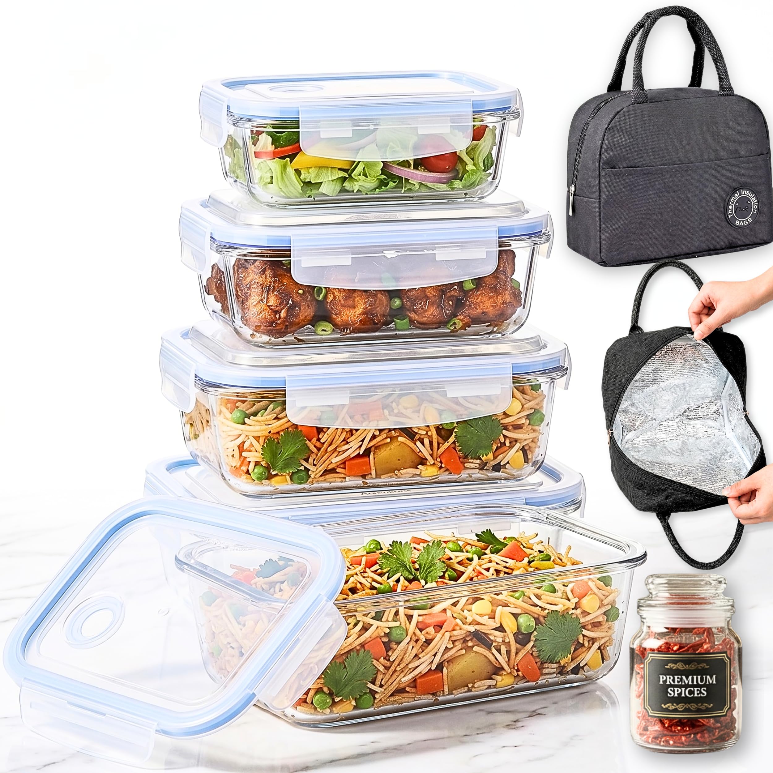Altitude Borosilicate Glass Lunch Box Set with Bag & Jar, Set of 3 Leakproof Airtight Glass Food Storage Containers 370ml 640ml 1040ml, Microwave Oven Freezer Dishwasher Safe Tiffin Box