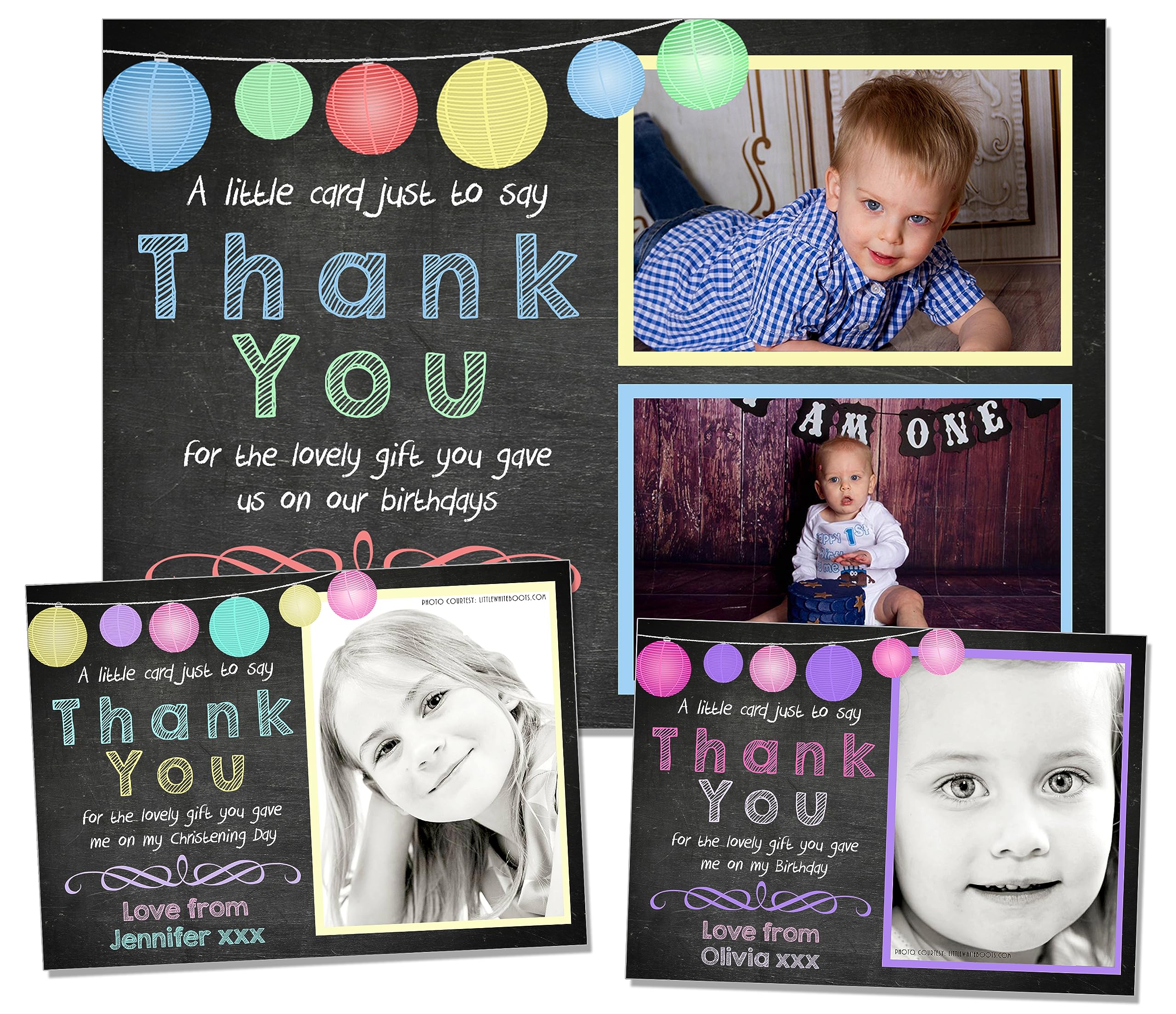 10 Birthday Thank You Photo Cards Notes Message Personalised Bespoke Custom Made Boy Girl Joint Party Twins Unisex Lantern Chalkboard