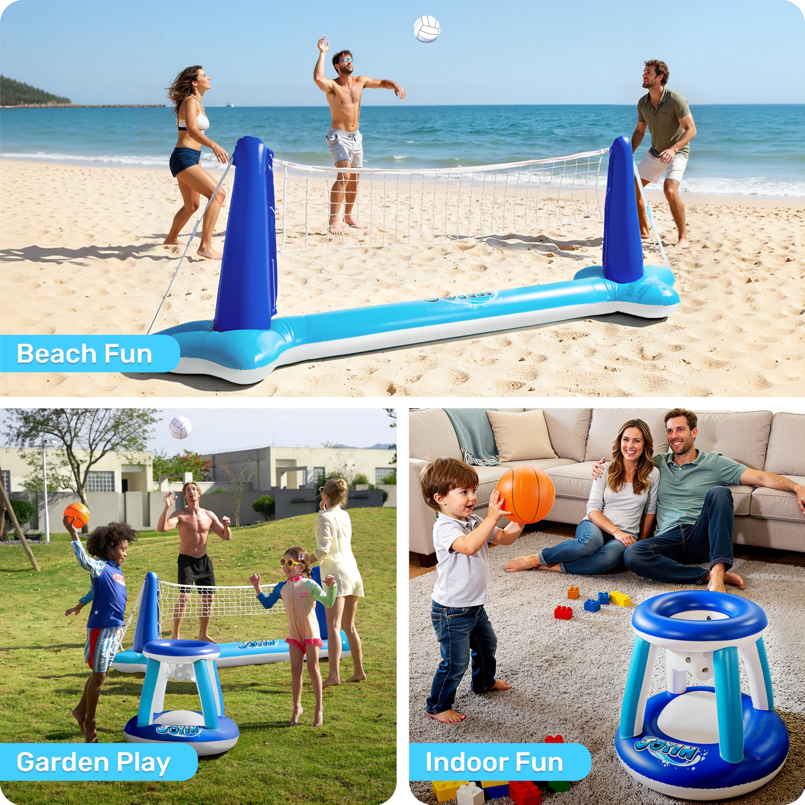 JOYIN Galleggianti gonfiabili per piscina, rete da pallavolo e canestro da basket, gioco di nuoto galleggiante per bambini/adulti, galleggianti estivi, giocattoli estivi per sport acquatici, blu scuro