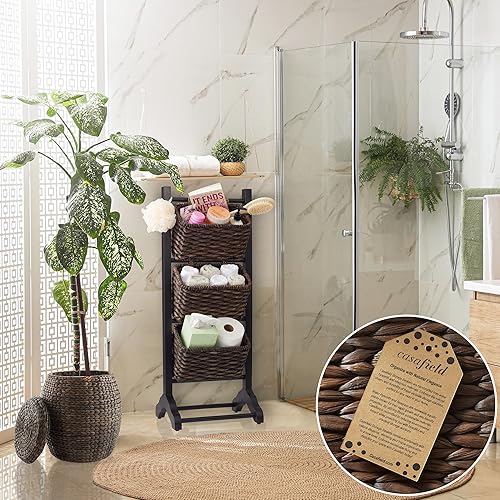 Miniatura 2 de Casafield Soporte de suelo de 3 niveles con cestas de almacenamiento de jacinto de agua, negroespresso, organizador de pie para baño, cocina,