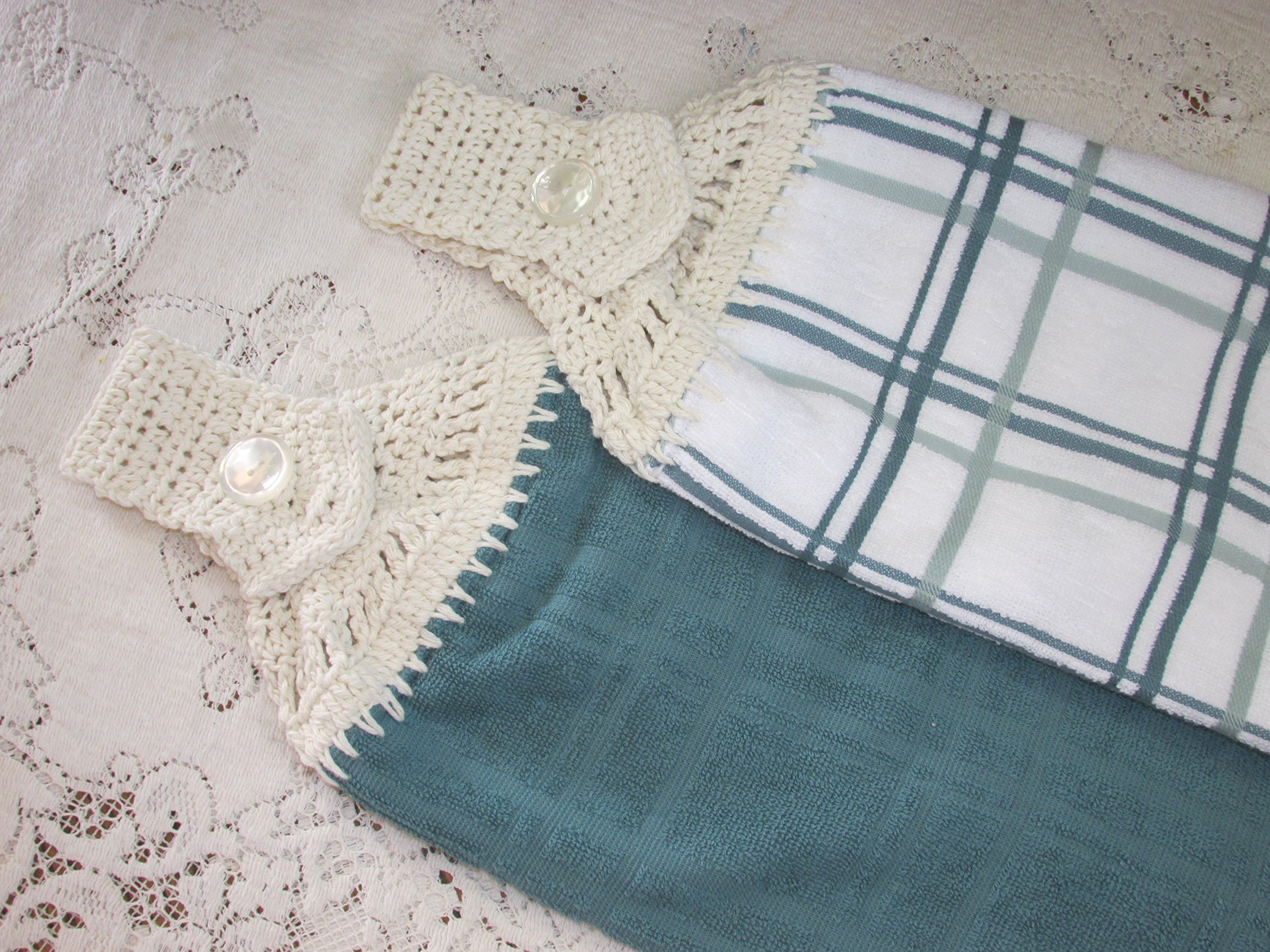 Set of 2 Aqua Double Thickness Kitchen Towels - Hanging Towels - Aqua Blue & White Plaid Design with Cream Cotton Crochet Top - Moms Gift - Best Quality Towels