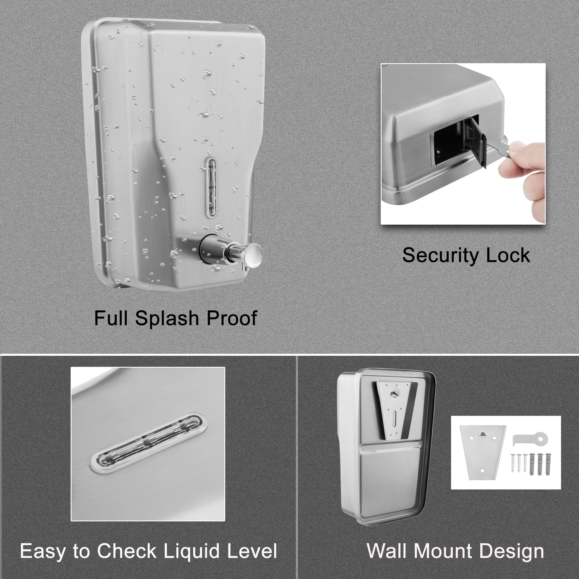 Dispenser di sapone liquido da parete in acciaio inox per bagno, 1400 ml, per uso commerciale, da parete, in metallo, ricaricabile, dispenser di sapone liquido per le mani