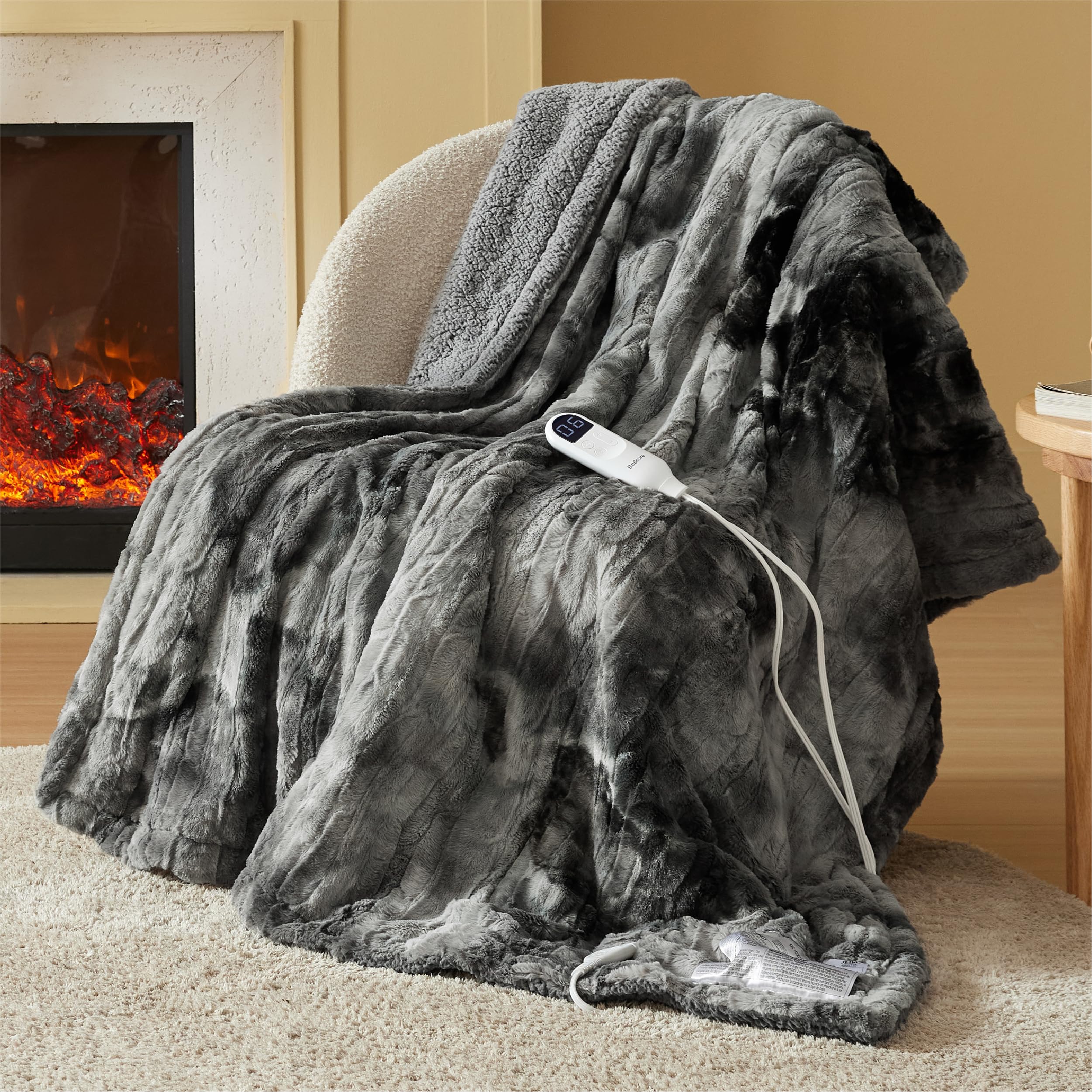 Bedsure Heated Blanket Electric Throw - Faux Fur Sherpa Electric Blanket, Heating Blanket with 6 Heating Levels & 4 Timer Settings, Giftable Heated Throw Blanket (50x60 inches, Grey)