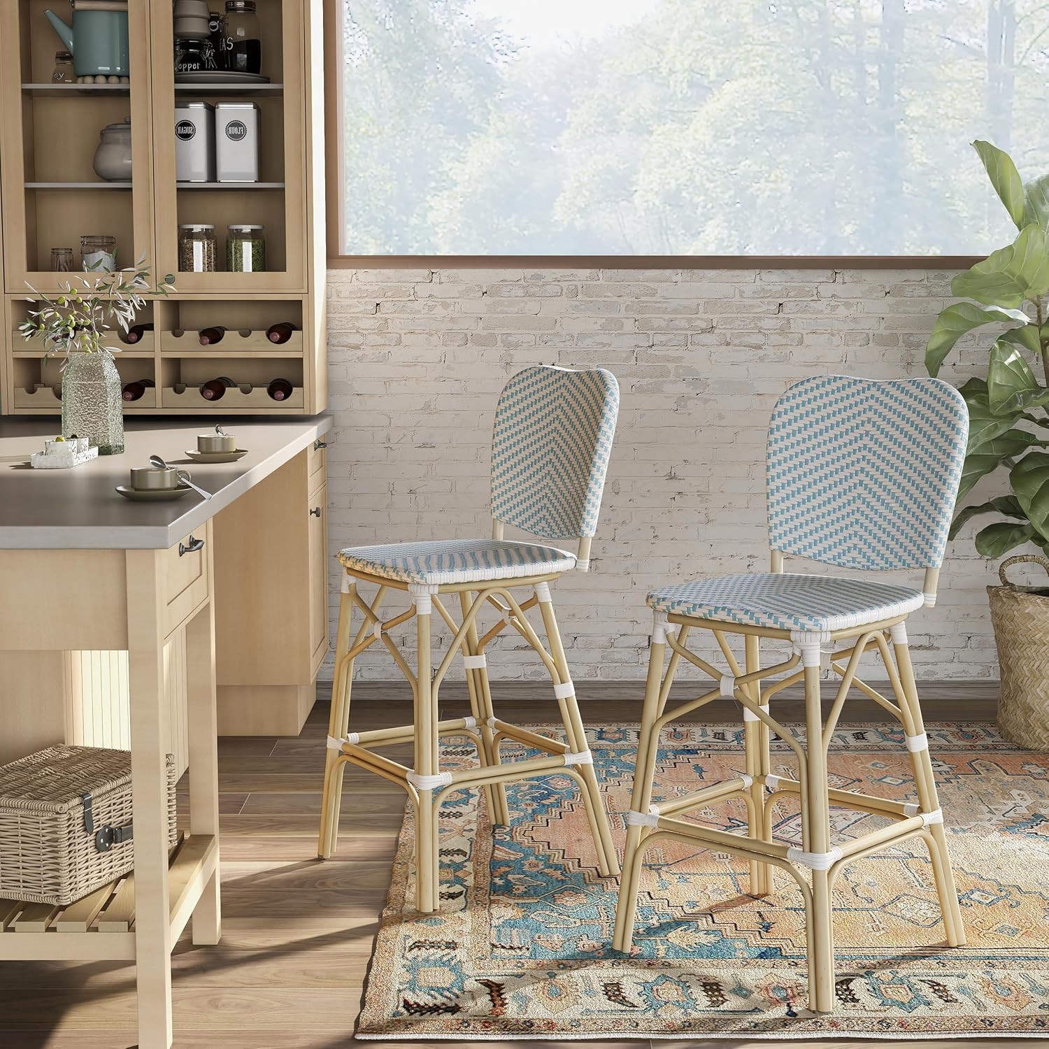 Greemotion Adino Coastal Aluminum and All-Weather Wicker 44.75 in. H Outdoor Armless Bar Chair Set of 2 for Outdoor Kitchen, Patio, Pool Area, Blue and Natural