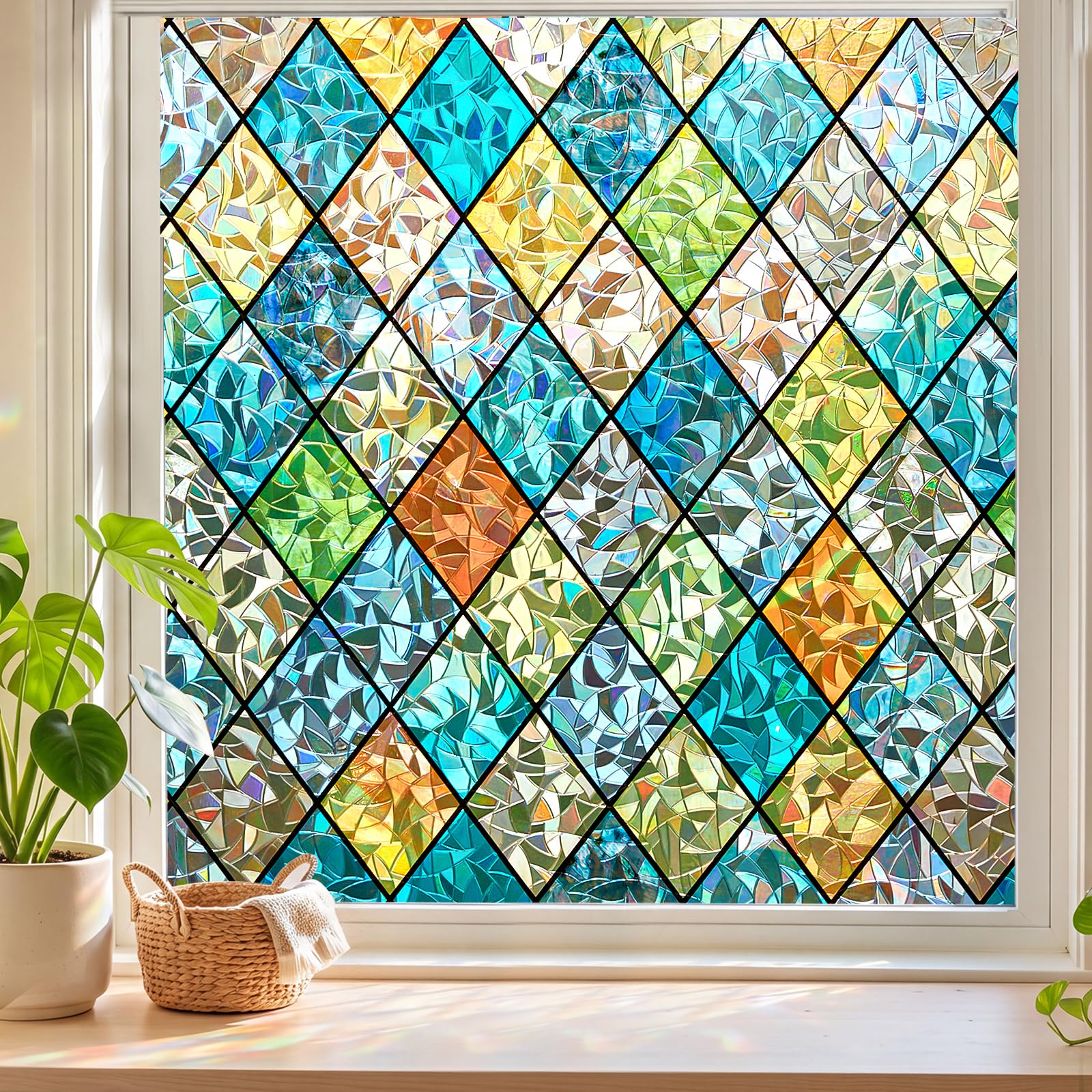 Sunbaby Stained Glass Winodw Film, Rainbow Lattice Stickers, 17.5"x78.7"