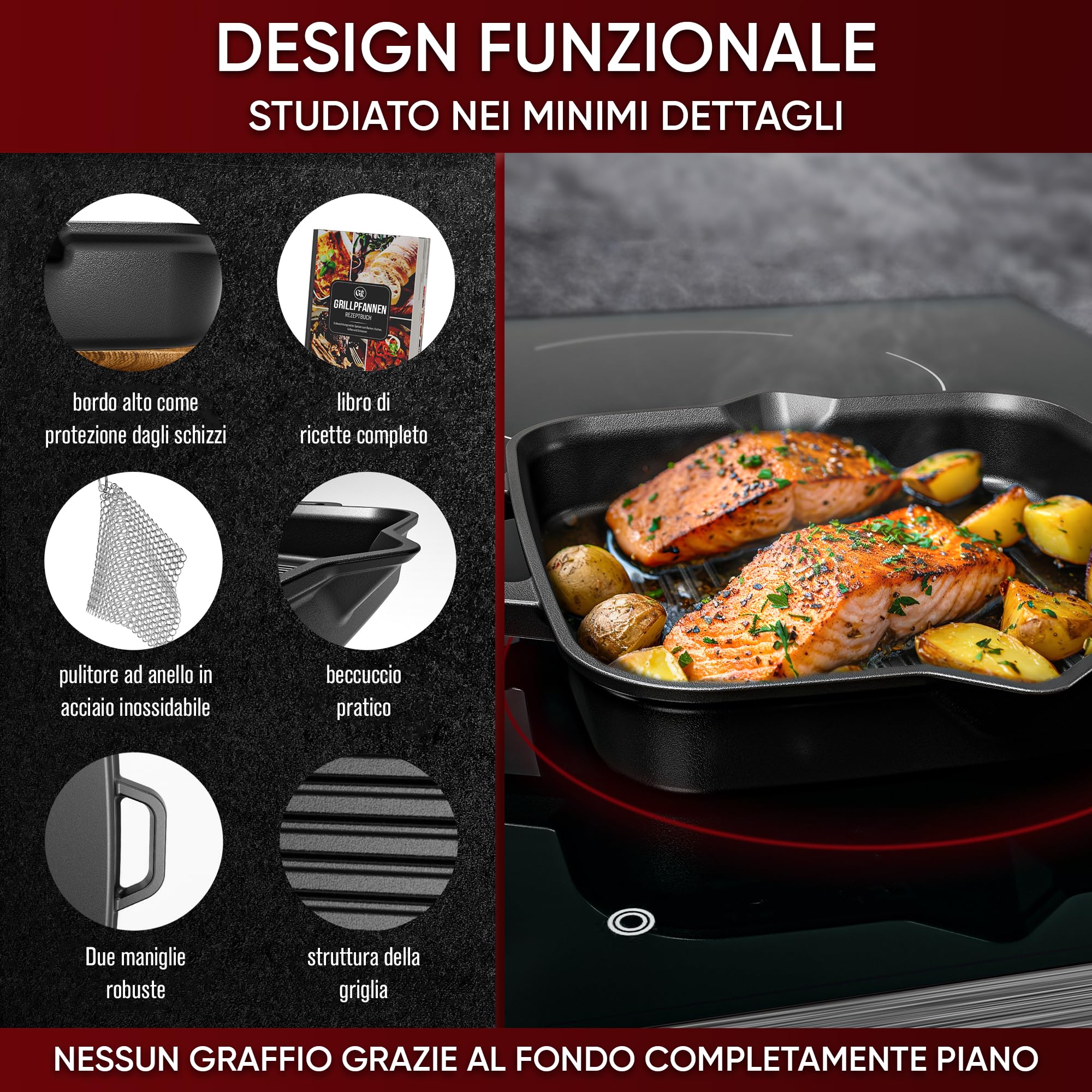 GUSSKÖNIG Bistecchiera in Ghisa 26 cm – Superficie Rigata per Grill – Prestagionata Naturale – Compatibile Induzione e Forno – Ideale per Carne, Verdure e Grigliate