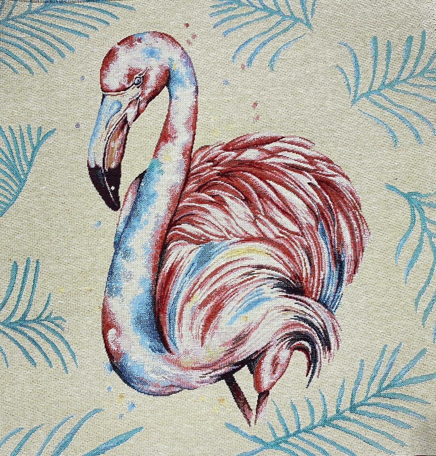 Woven Tapestry Panels (48cm x 48cm) Heavy Textile Fabric Animal Birds Multi-Coloured Pattern Upholstery, Cushions, Bagmaking, Frames, Chairs, Crafts (Flamingo with Blue Leaves)
