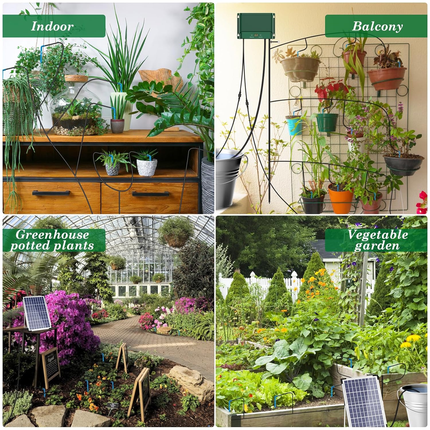 Various applications of the irrigation system including indoor, balcony, greenhouse, and vegetable garden