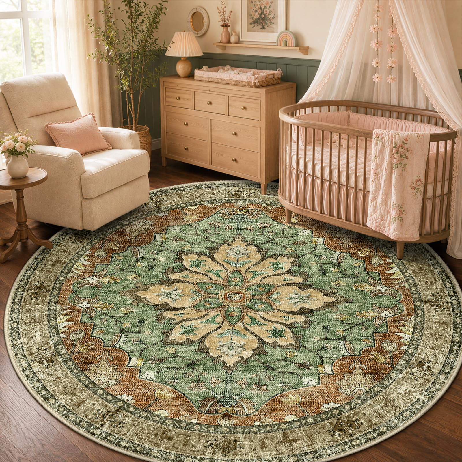 Photo 1 of RELEANY Round Area Rug, 5ft, Brick/Brown/Green