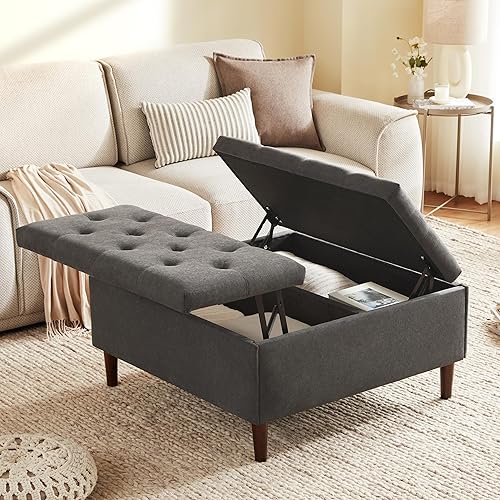 35 Inch Extra Large Storage Ottoman Coffee Table with Lift Top, Oversized Square Ottoman with Storage, Tufted Upholstered Ottoman Coffee Tables for Living Room (Fabric, Dark Grey)