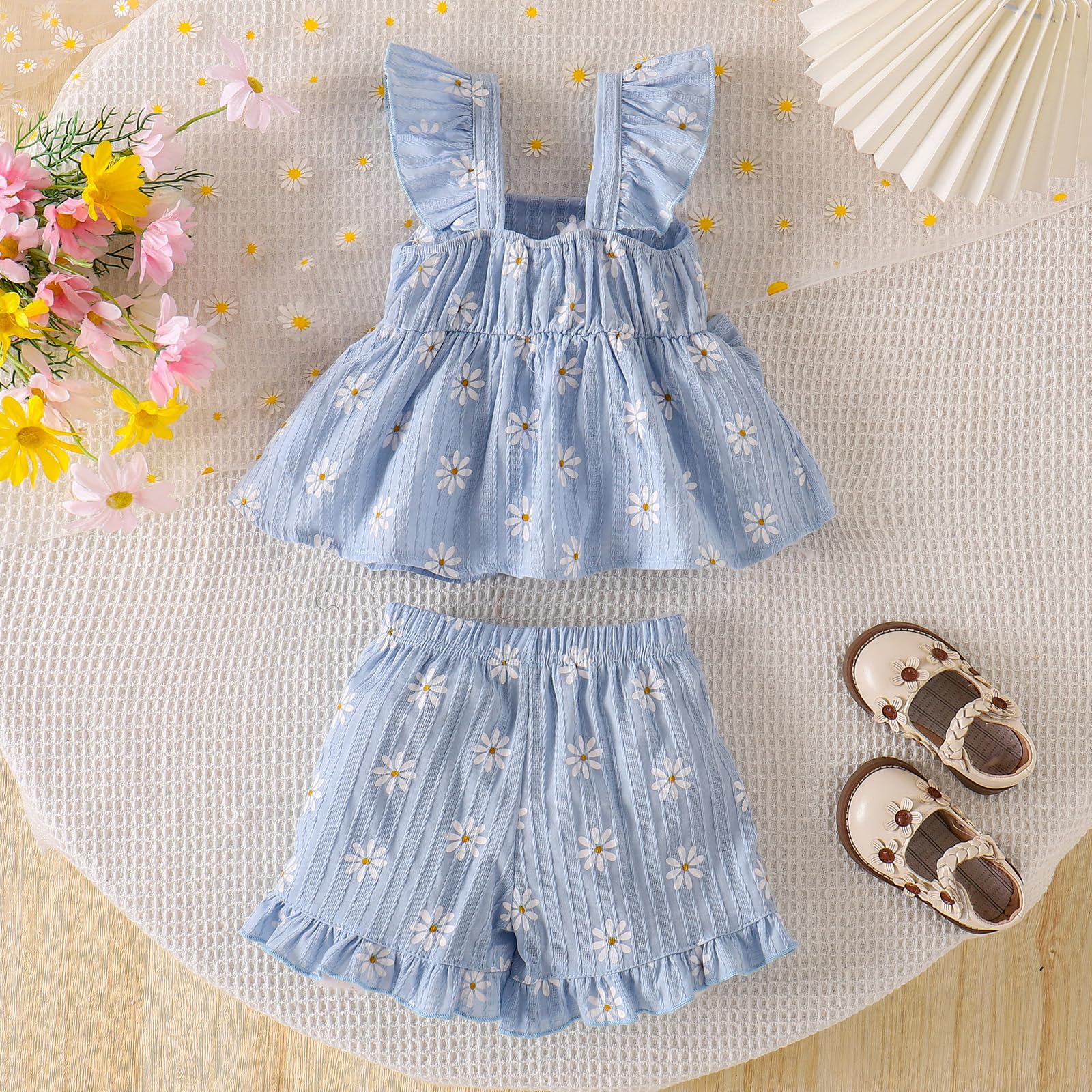 Ropa Verano Para Niña Linda Blusa con Volantes y Margaritas Pantalones Cortos Conjunto de Conjuntos Para Niña Pequeña - 2