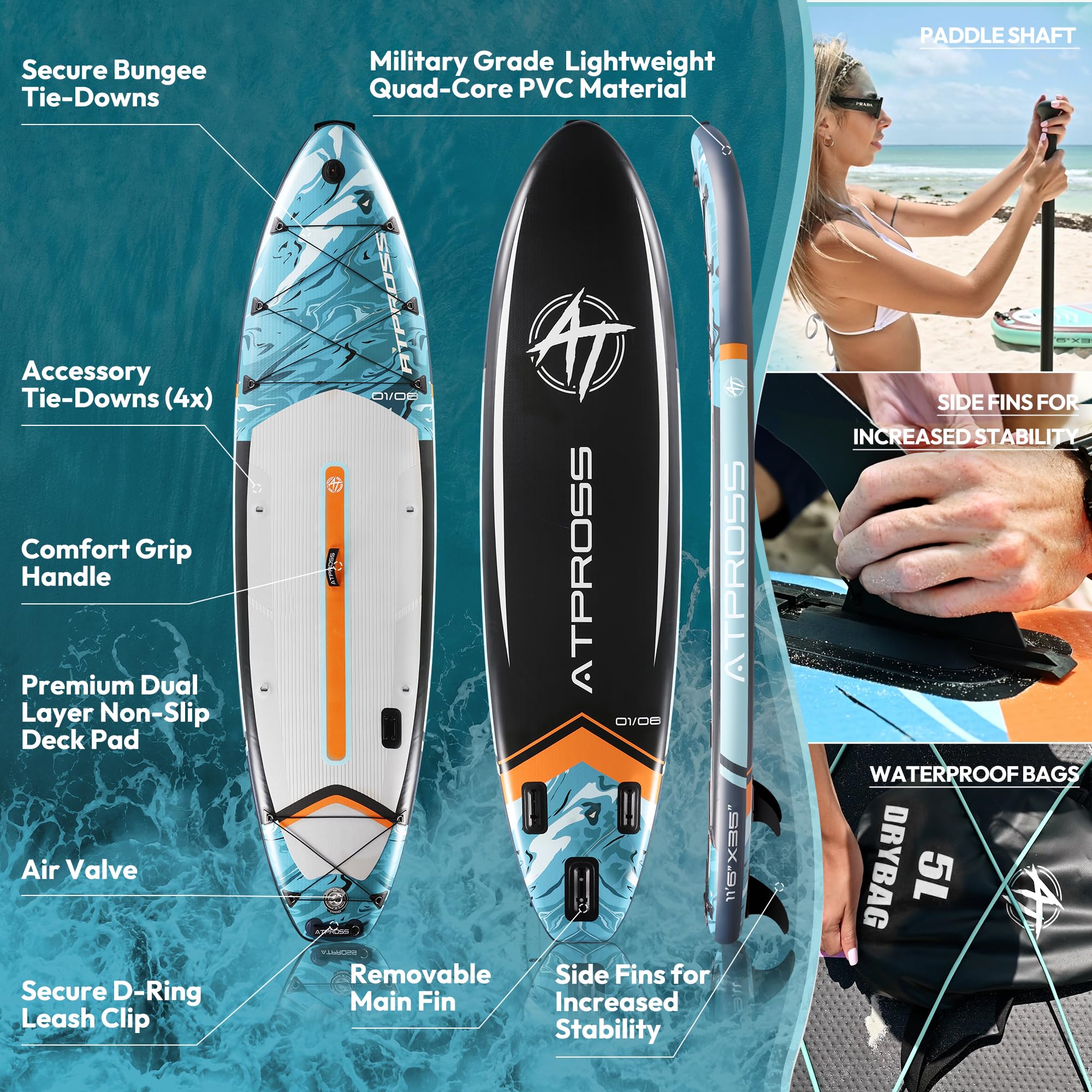 Aufblasbares SUP Board 350 x 89 x 15 cm, bis 240 kg Tragfähigkeit, extra breit für Erwachsene, rutschfeste Standfläche, inkl. Premium SUP Zubehörset & Rucksack,ideal für Yoga
