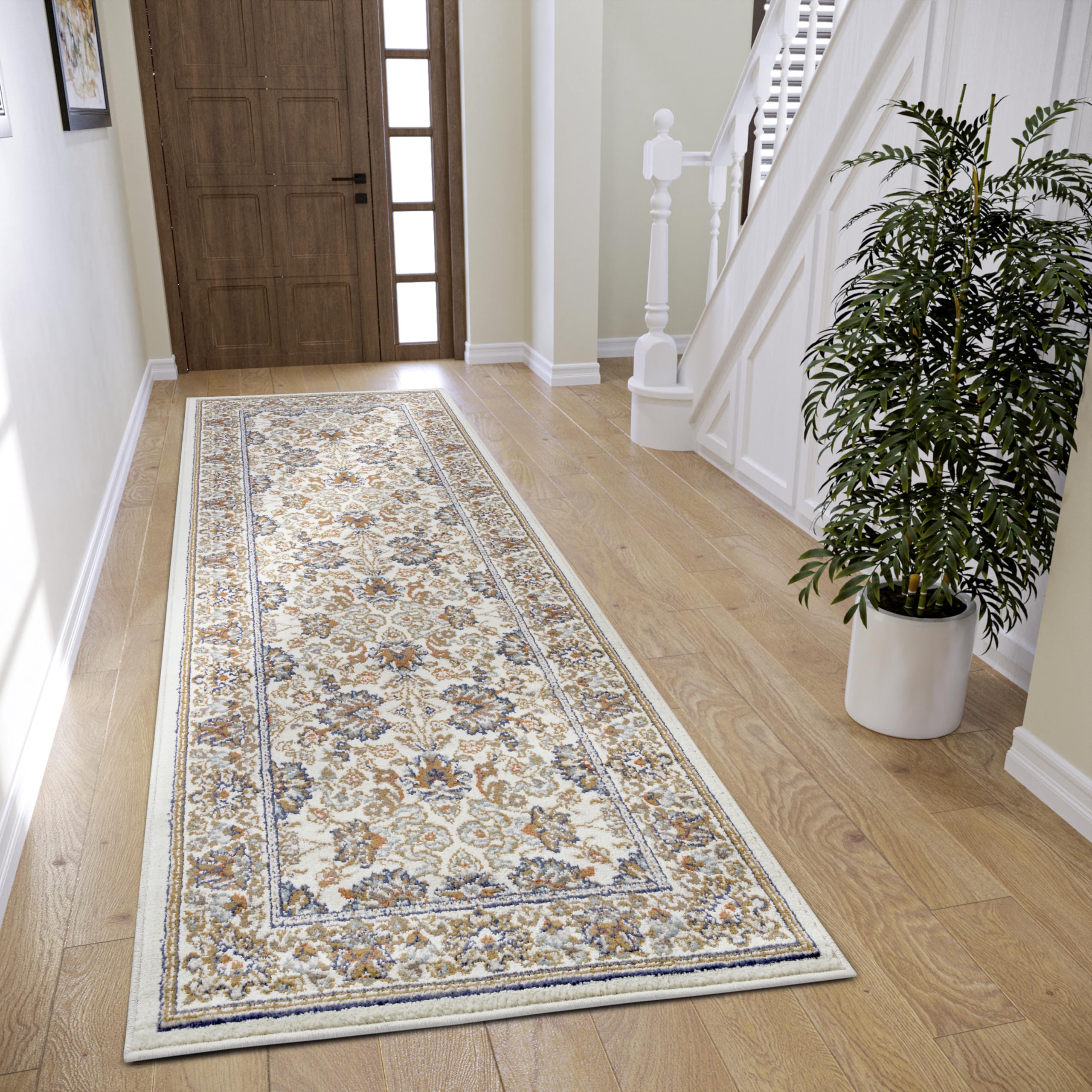 HANSE Home Saraceni Tapis Oriental Classique tissé serré avec Ornements et Motifs Floraux à Poils Courts Doux pour Chambre à Coucher, Salle à Manger, Salon, Couloir - Crème - 80 x 240 cm