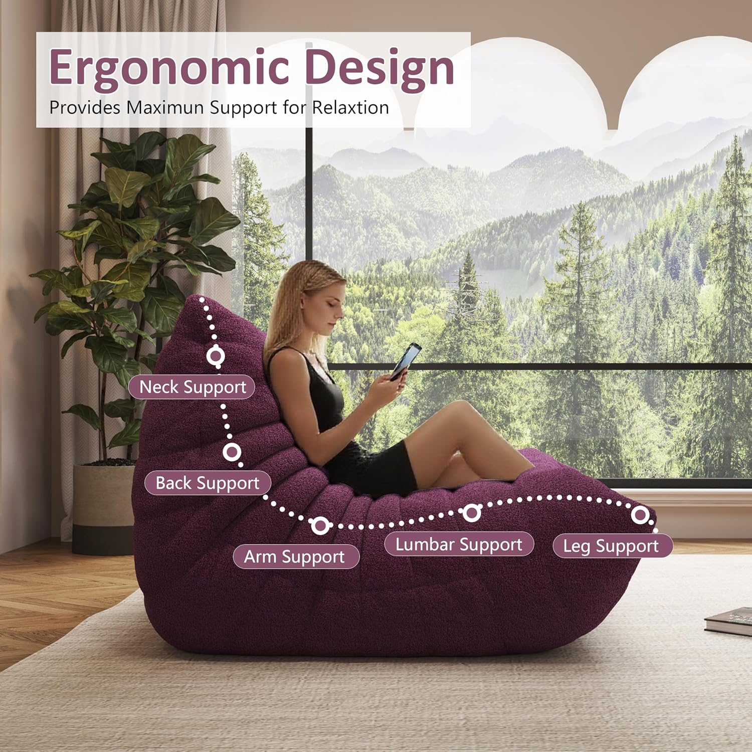 Bean Bag Chair, Cozy Memory Foam Bean Bag Chairs for Adults, Comfy Fireside Accent Chair Lazy Floor Chair for Gaming Bedroom Living Room (Purple, Loveseat)