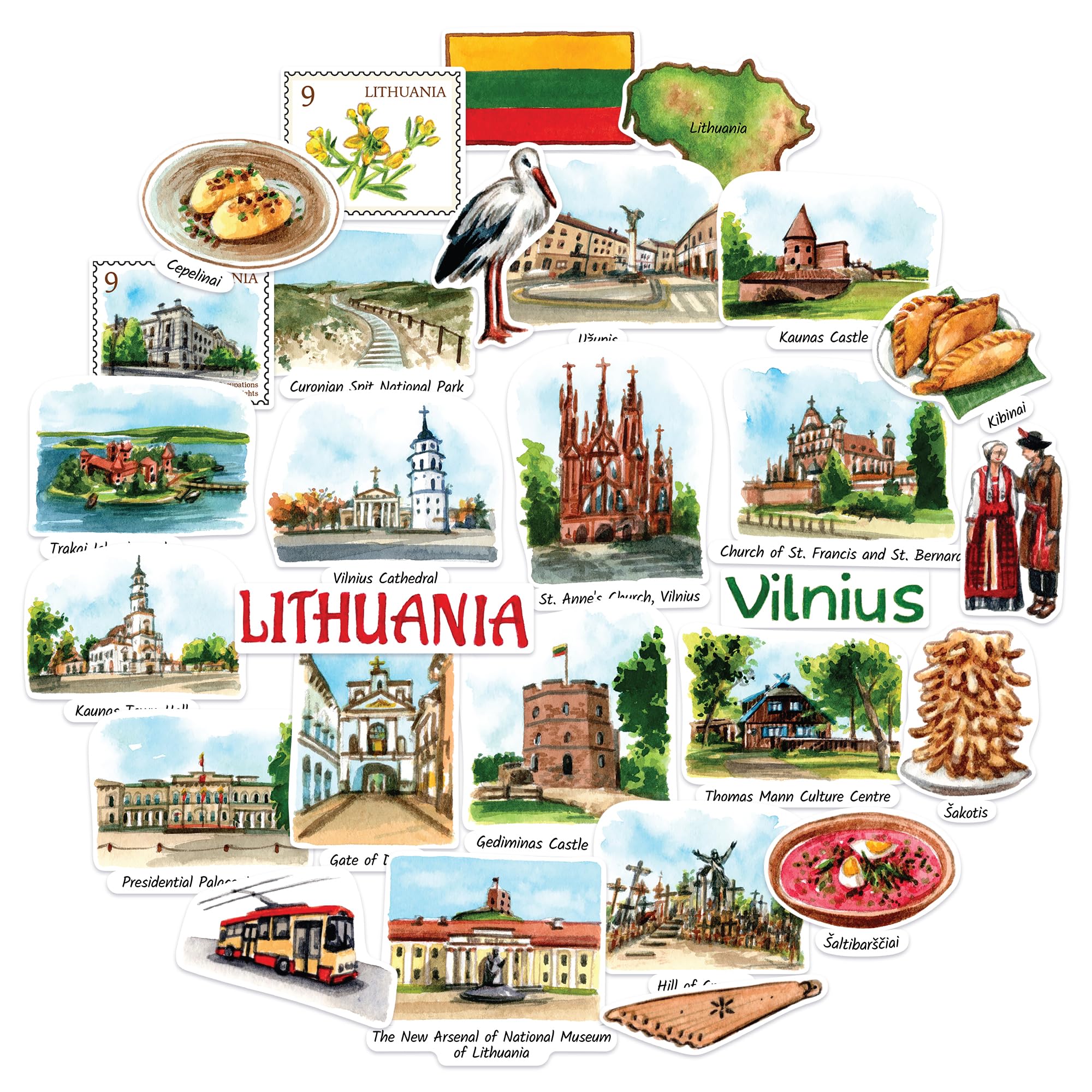 Navy Peony Historic Lithuania Travel Stickers (28pcs) - Hand Illustrated, Vilnius, Baltic-Themed Decals for Journals, Scrapbooks, Luggage