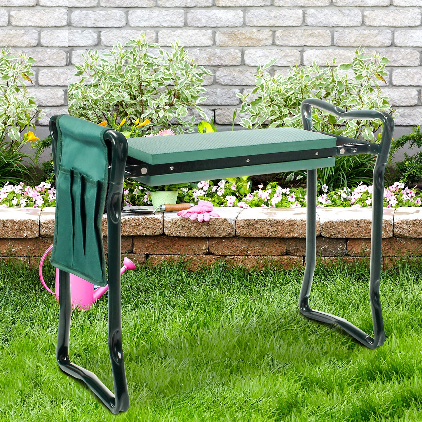 Todeco Banc Agenouilloir de Jardin, Repose Genoux avec Sac à Outils, Genouillère et siège de Jardin Pliable, Tapis de Pelouse et Coussinets Doux pour Genoux de Jardinage pour Personnes âgées
