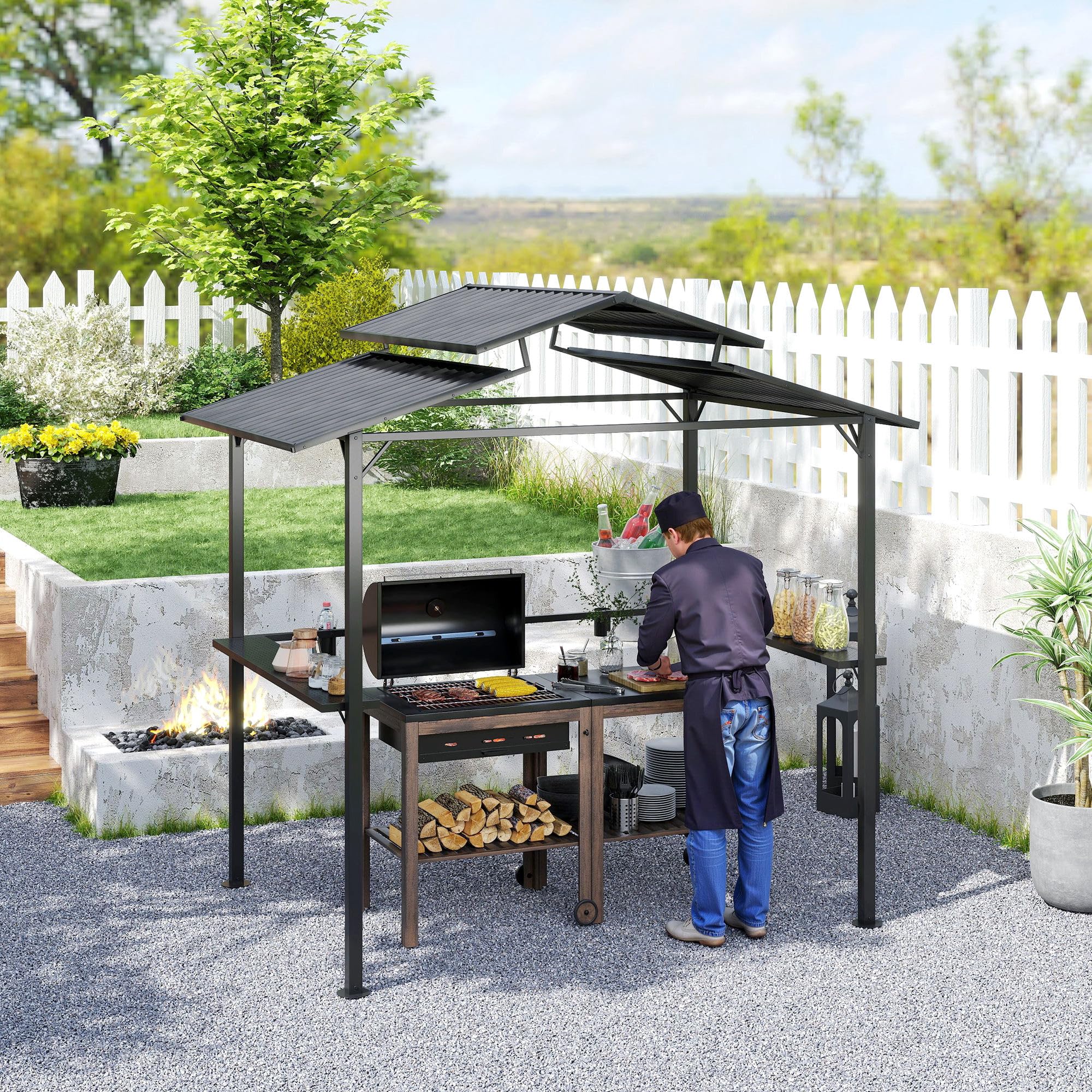 Outsunny Pavillon de barbecue 250 x 160 x 250 cm étanche Pavillon de jardin avec toit double couche, étagères latérales, tonnelles avec protection UV, pavillon BBQ, tente de jardin tente de barbecue