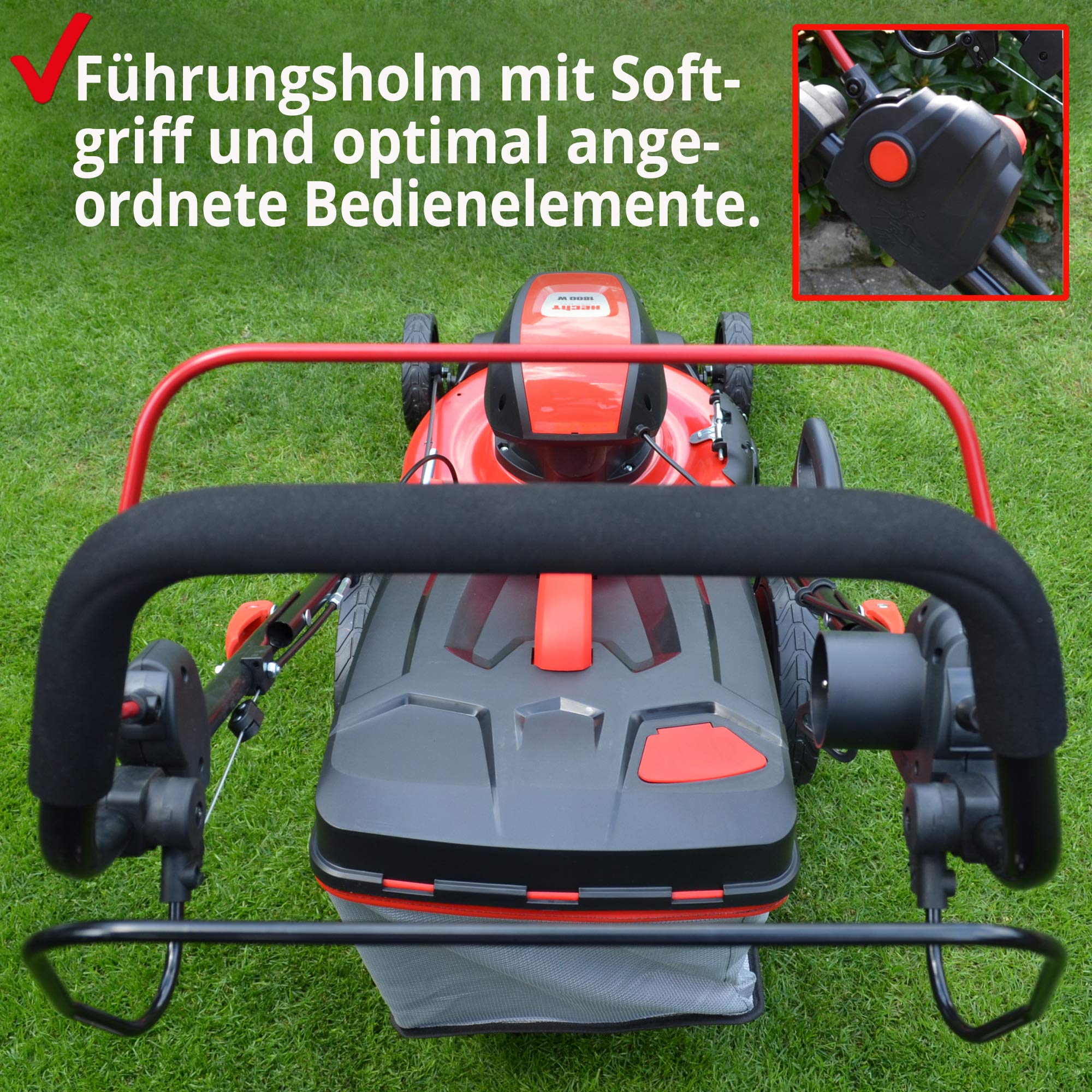 HECHT 5-IN-1 Elektro Rasenmäher mit 1.800 Watt Motor, 46 cm Schnittbreite, Radantrieb, Mulchfunktion, zentrale 7-Fach Schnitthöheneinstellung und 50 Liter Fangkorb für einen schön gepflegten Rasen