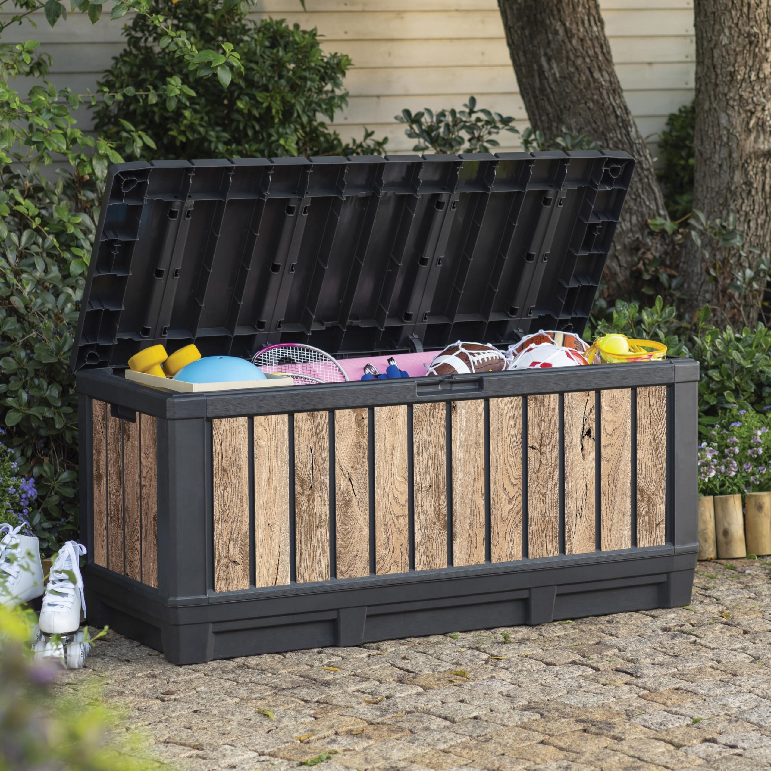 Keter Gartenbox Kentwood 350 Liter in Holzoptik Pinie aus Kunststoff, witterungsbeständig, UV-resistent mit Sitzfunktion