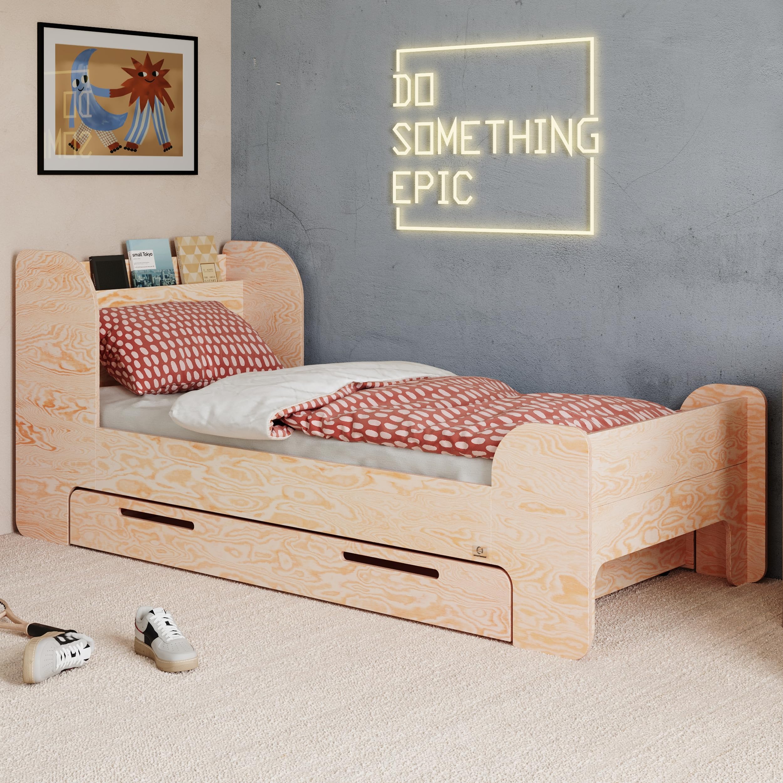 smartwood Cama Infantil 90x190 cm con Cajón, en Madera de Pino, Flou D | incl. Cajón, Cabecero con Estante, Somier hasta 230 kg, en Madera de Pino FSC, Cama Juvenil para Niñas & Niños desde 3 años
