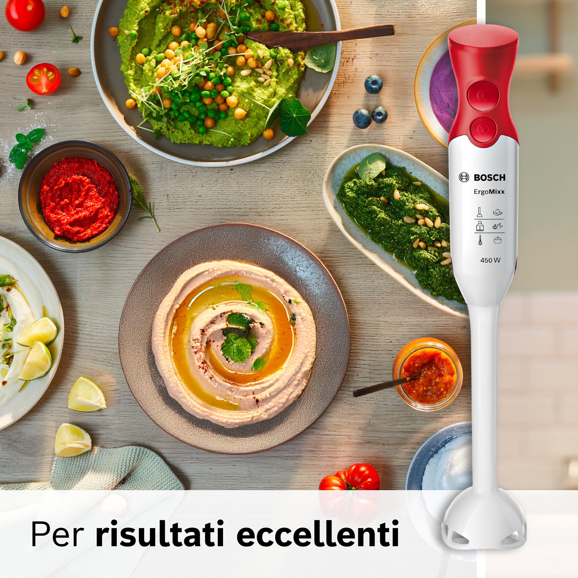 Bosch Frullatore a Immersione MSM64010, 450 W, Impugnatura Ergonomica, Lama a 4 Ali Anti Schizzi, 2 Livelli di Velocità, Bicchiere Graduato Incluso, Bianco, Rosso