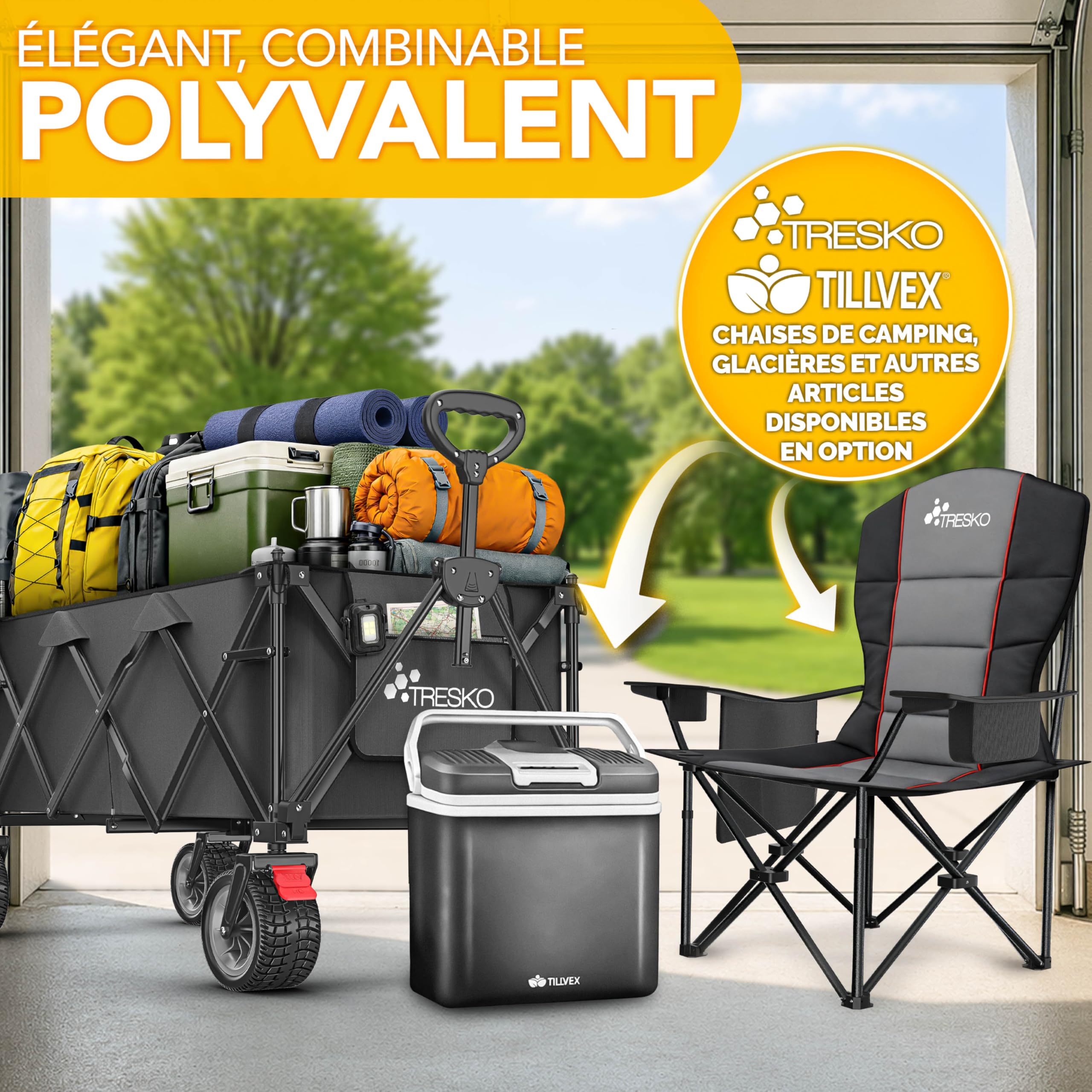 TRESKO® Chariot de transport pliable 215 L avec frein | Chariot à main pliable 150 kg avec pneus en caoutchouc plein | Chariot de plage pliable extra large tout-terrain | Chariot de transport avec sac