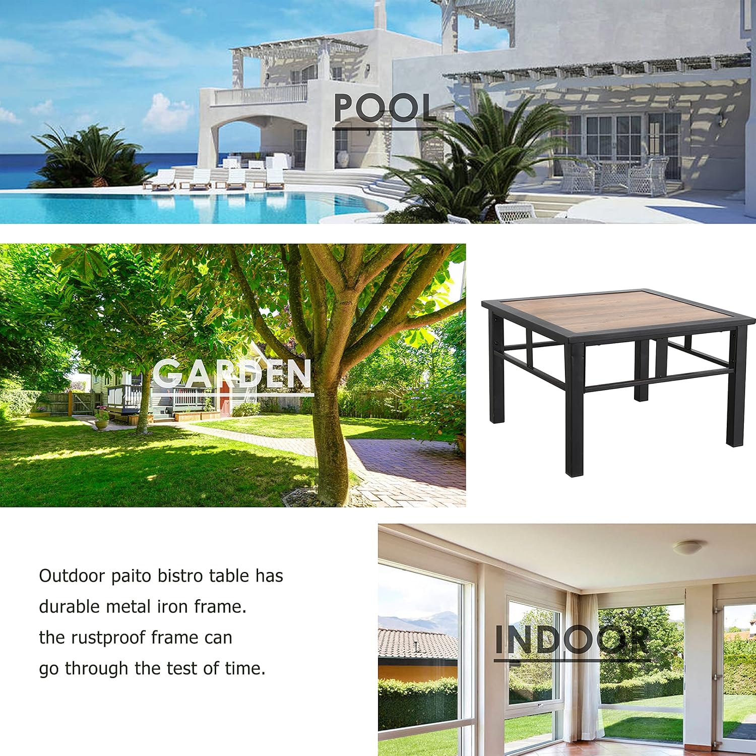 LOKATSE HOME Outdoor Metal Square Table Patio Bistro Dining Furniture with Wood-Like Table Top, Steel Frame