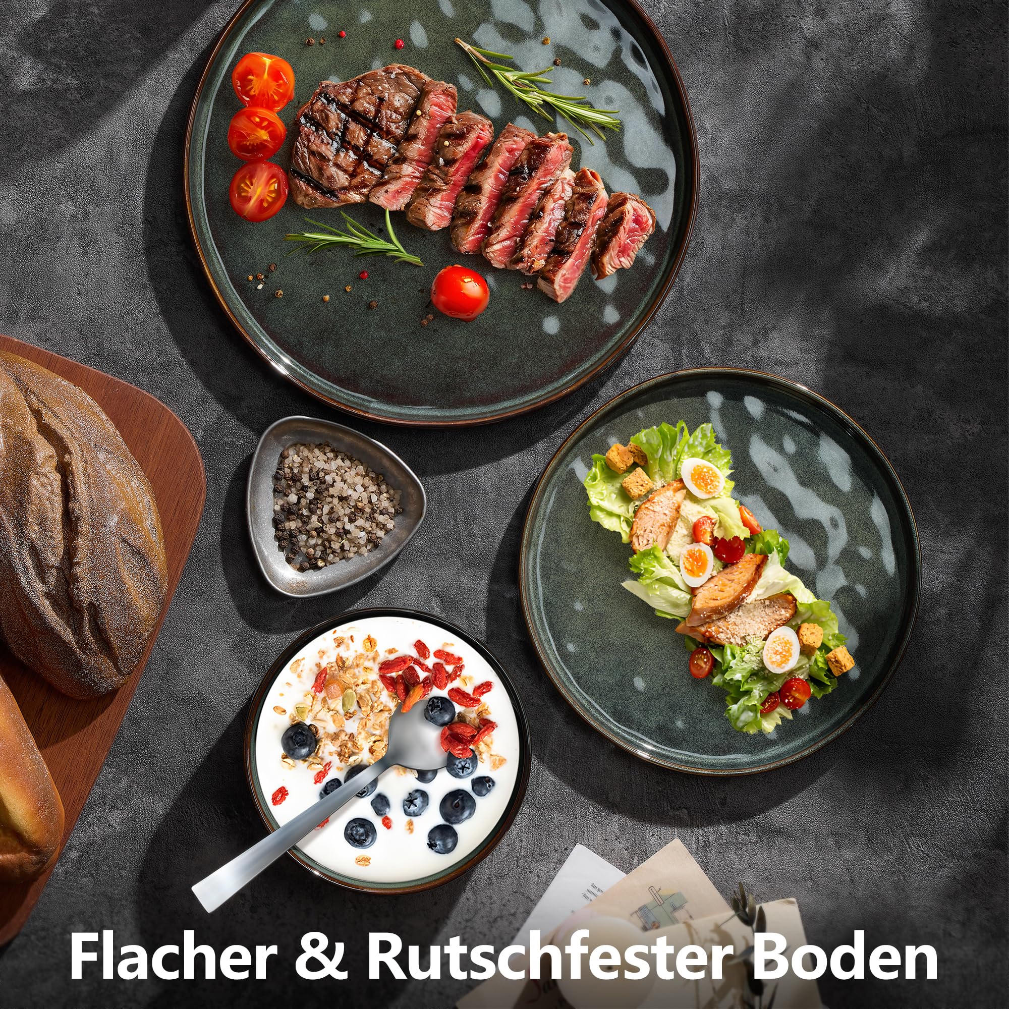 Geschirrset, Onader 18 Teiliges Steinzeug Tafelservice Set, Müslischalen, Speiseteller und Dessertteller Set für 6 Personen, Anti-Kratzer und Mikrowellenfest – Reaktives Moosgrün