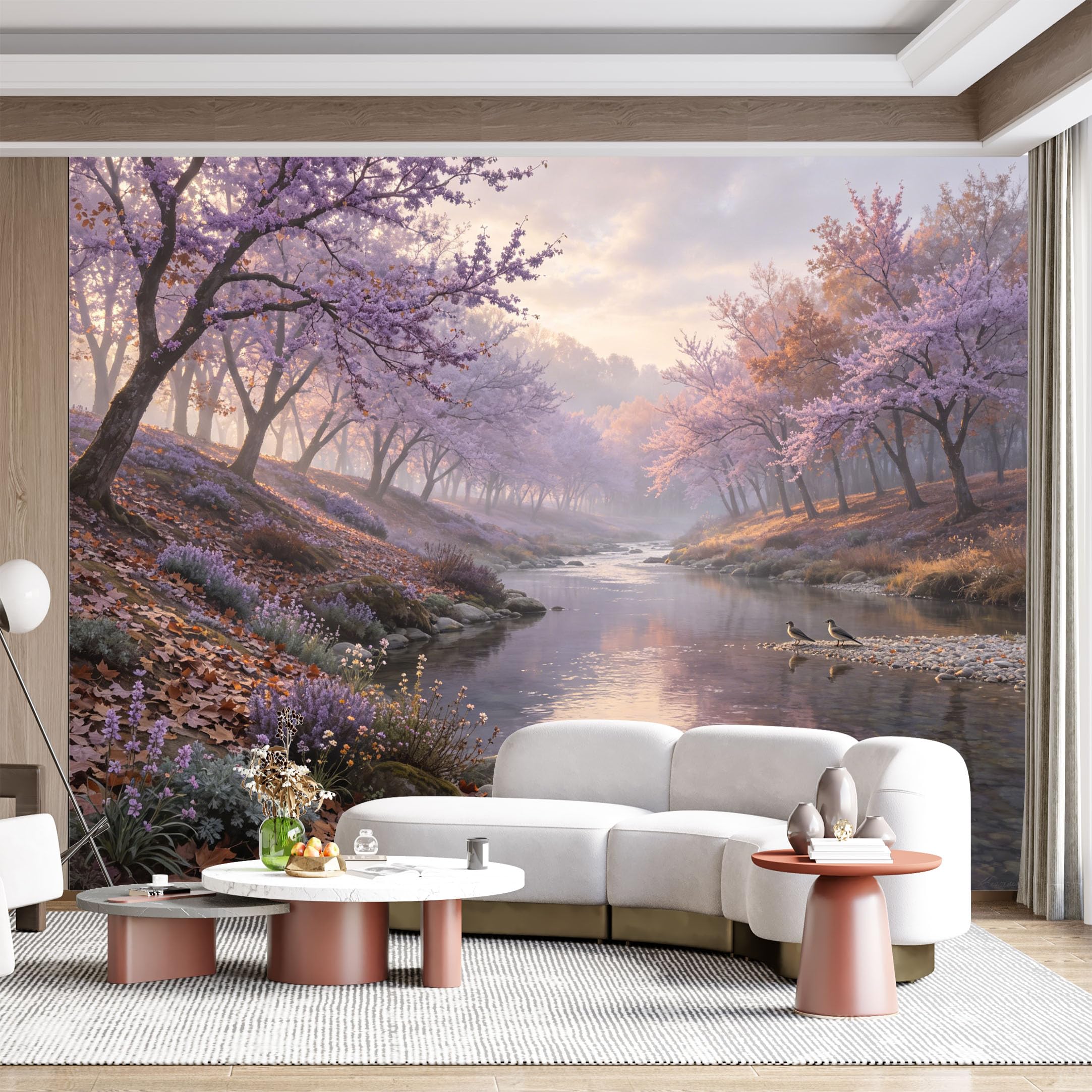 Custom Size Wall Mural Cherry Blossom River Landscape Watercolor Romantic Serene SelfAdhesive Wall Fabric Removable for Home Office Decor