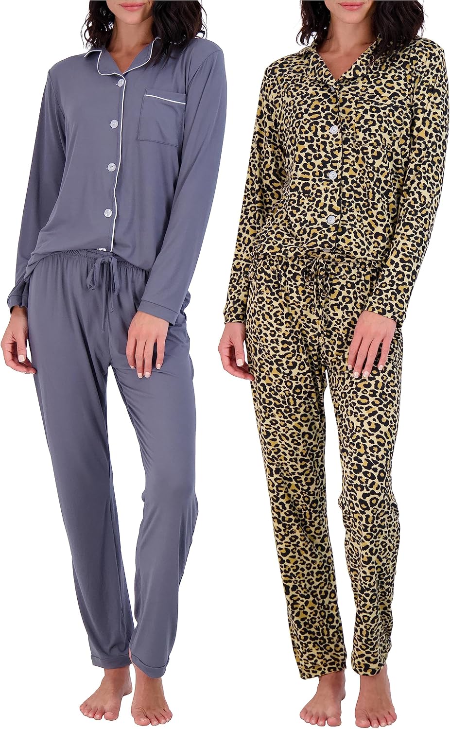 Real Essentials 2 Pack: Women's Pajamas Set Button Down Pants Soft Matching Sleepwear (Available In Plus)