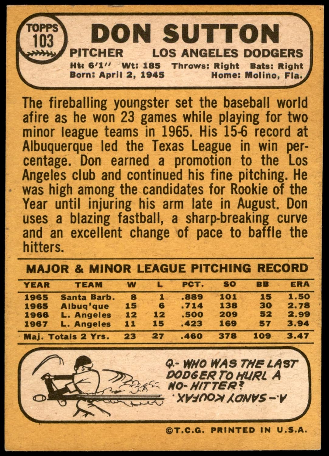 1968 Topps #103 Don Sutton Los Angeles Dodgers (Baseball Card) NM Dodgers