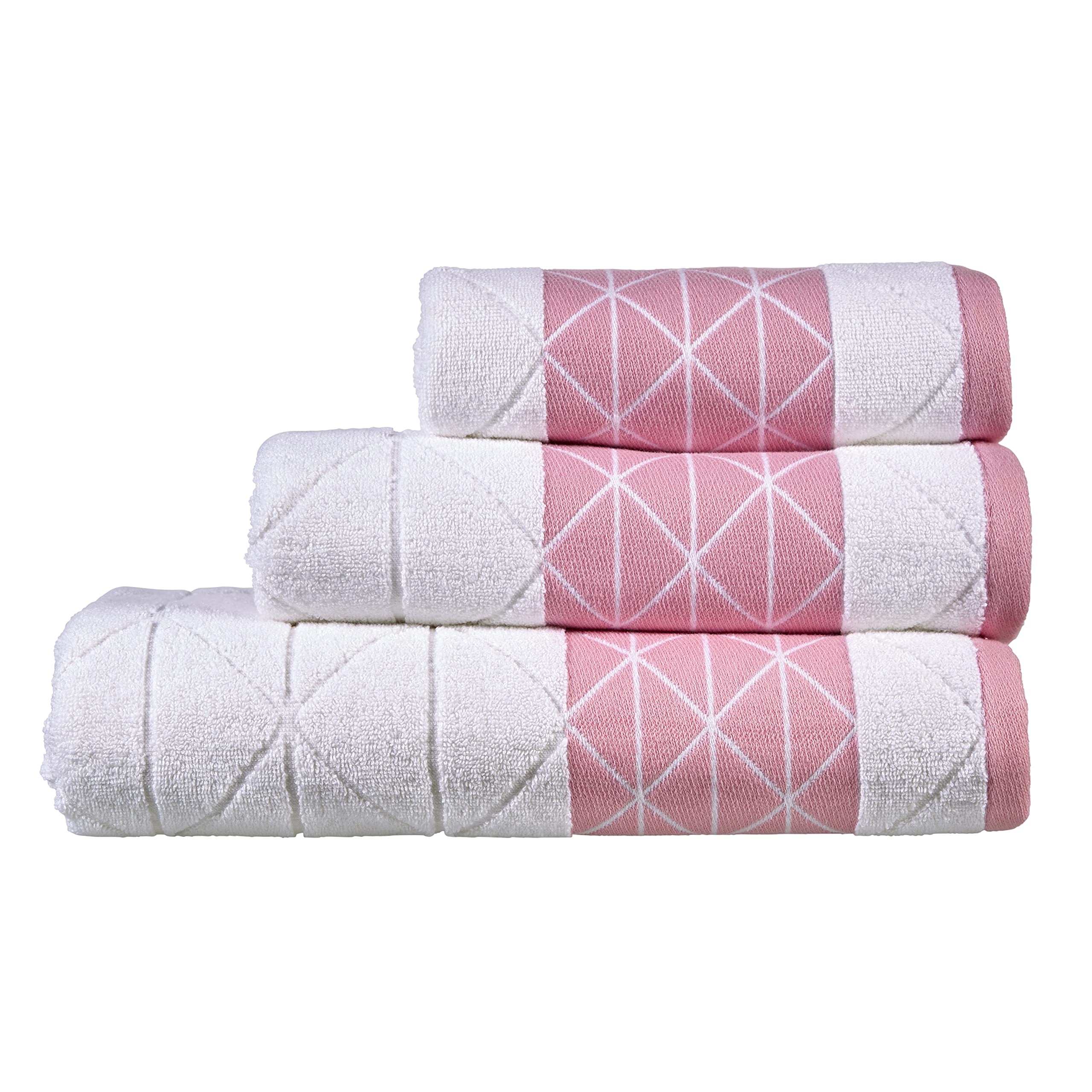 LJInca Triangles Diamonds Style 100% Ring Spun Pure Egyptian Cotton Towels 600 GSM Hotel Quality Super Soft Highly Absorbent and Quick Dry Extra Large Towels (Bath Towel, White/Pink)