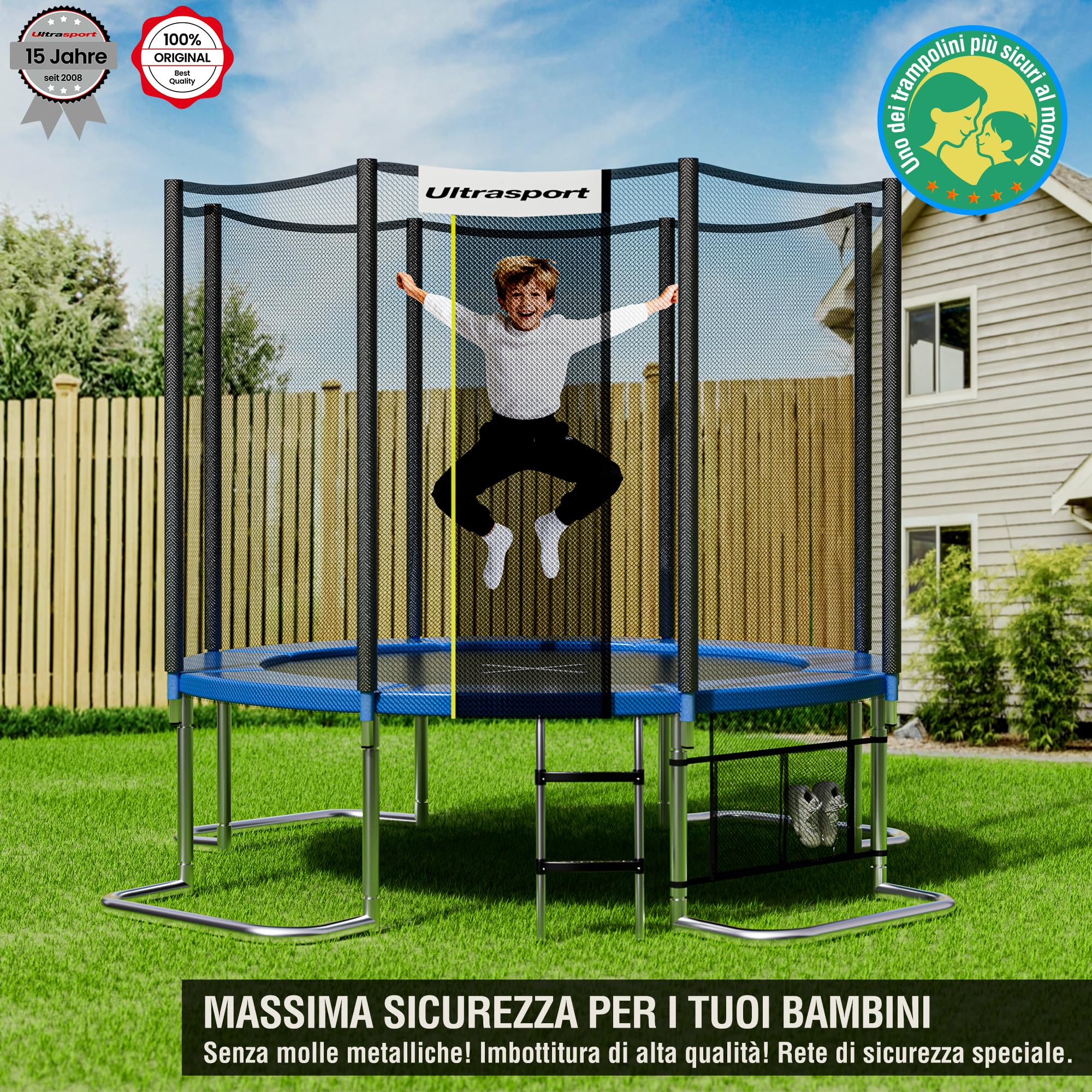 Ultrasport Giardino Trampolino, Trampolino da Esterno, Trampolino per Bambini, ø 180-430 cm, Primavera Ponticello e Onda, Rete di Sicurezza Resistente intemperie