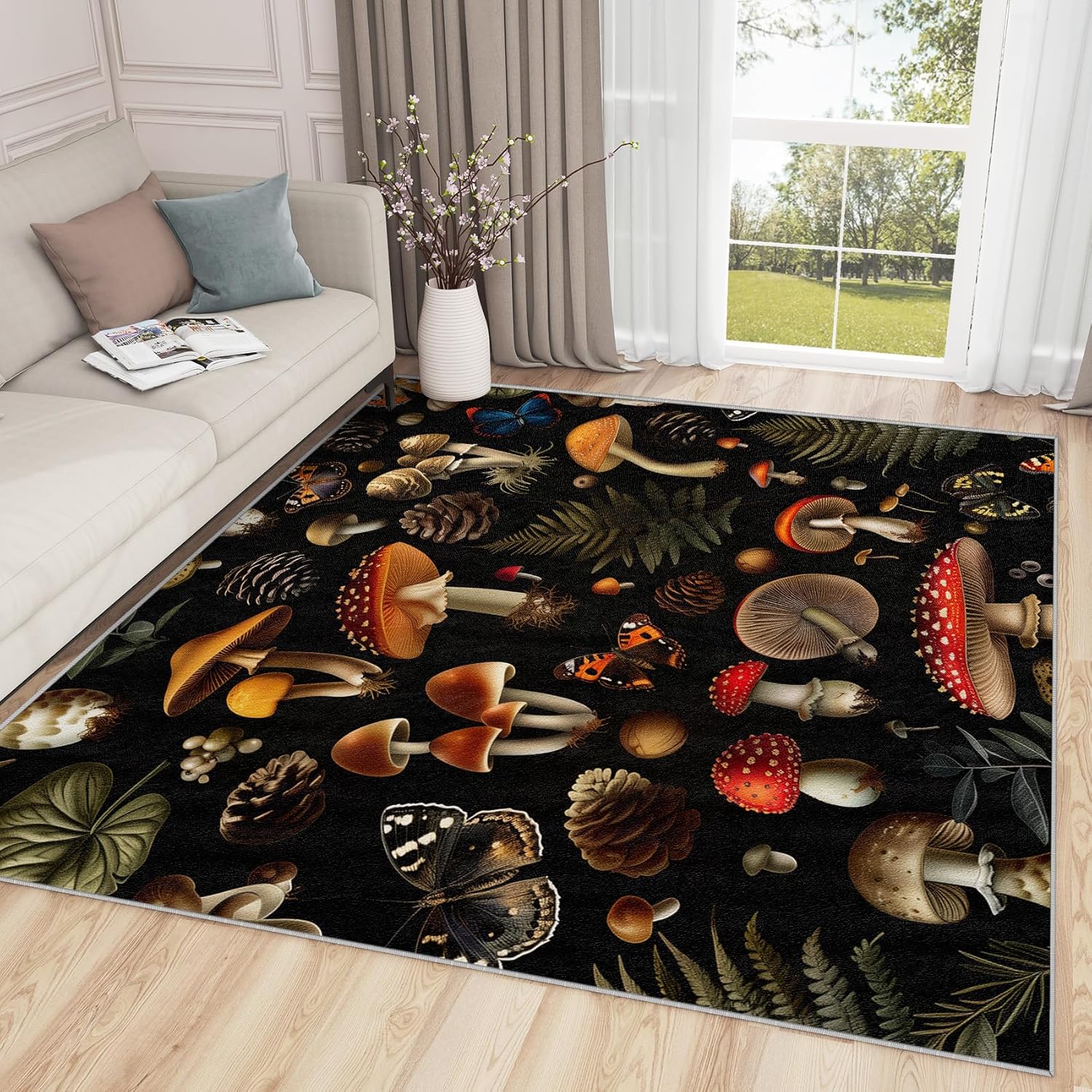 Mushroom Rugs for Kitchen - 2x3 Rug, Botanical Area Rug, Cottage Core Washable Non Slip Soft Rugs, Vintage Boho Carpet, Dark Academia Home Decor, Mushroom Gifts for Women