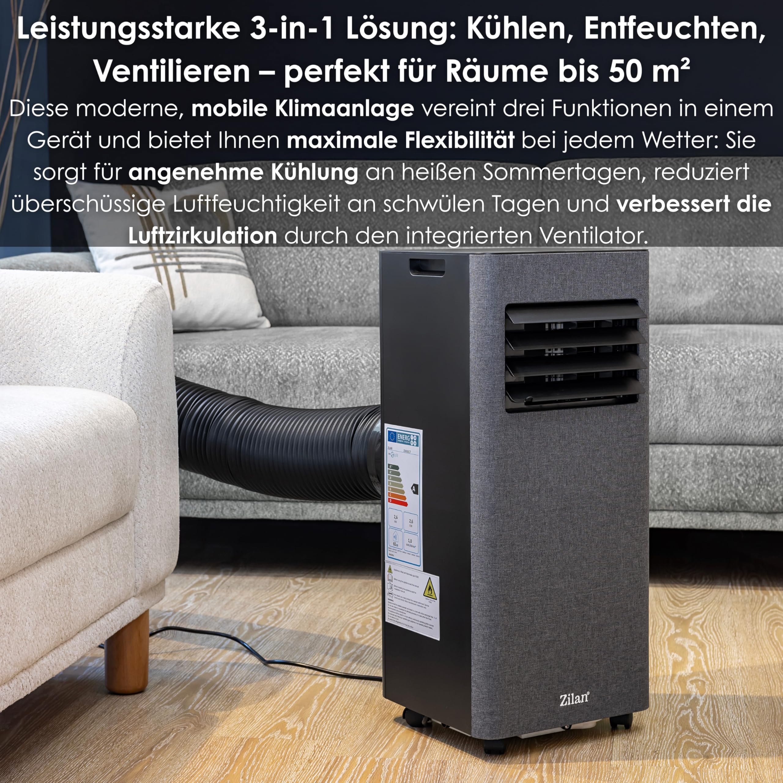 Zilan Mobile Klimaanlage 9000 BTU mit WLAN & Abluftschlauch, 3-in-1 Mobiles Klimagerät – Kühlen, Entfeuchten & Ventilator, leise, inkl. Fensterabdichtung & Fernbedienung, Timer, Wifi App-Steuerung