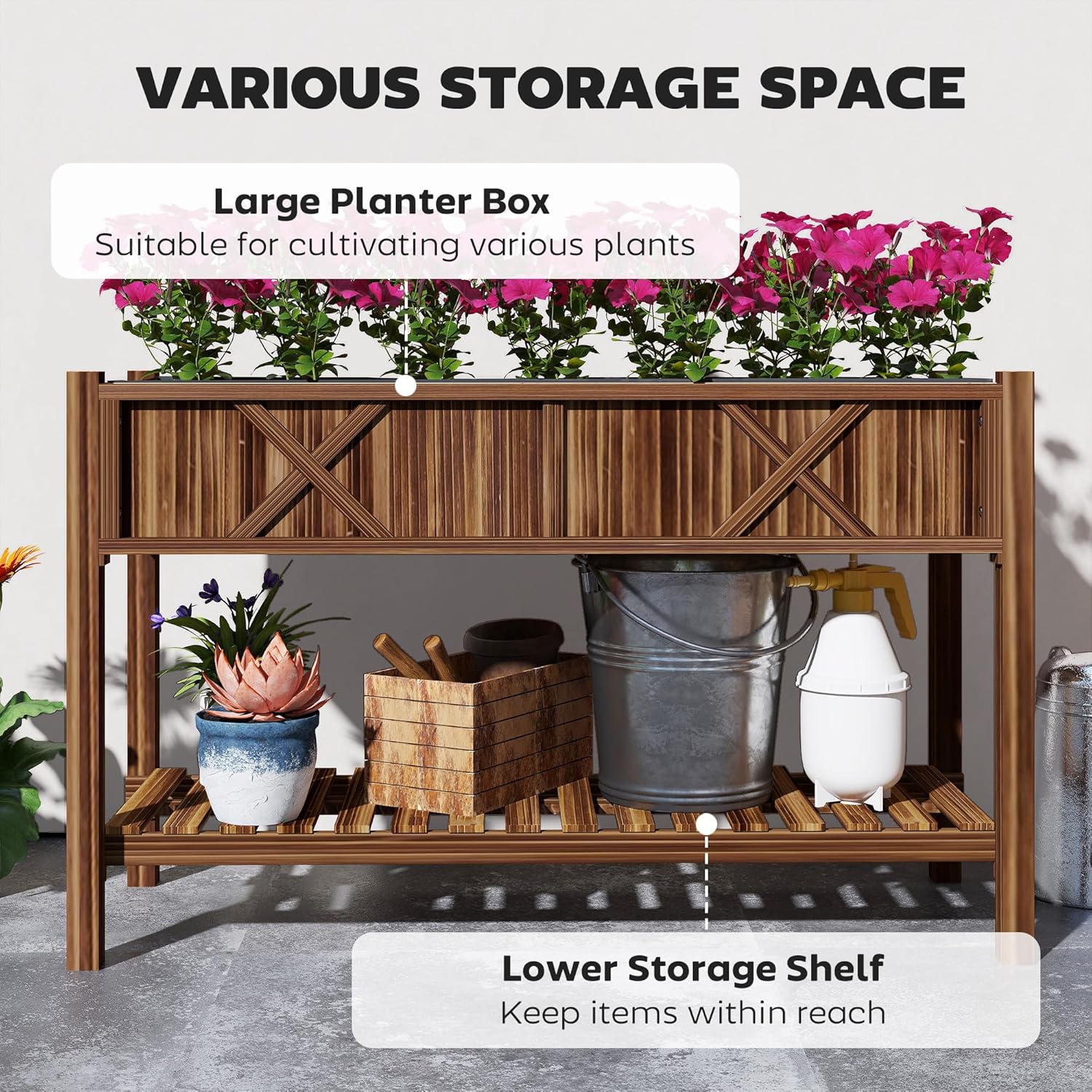 Outsunny Raised Garden Bed, Elevated Wood Planter Box with Storage Shelf, Drainage Holes, and Liner for Backyard, Patio, Balcony, 47 x 22 x 31.5 in, Carbonized