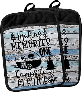 Camping Camper RV Gifts Pot Holders with Pockets, Making Memories One Campsite at a Time Pot Holders Heat Resistant Oven Mitts Hot Pads for Campsite RV Kitchen Baking Cooking