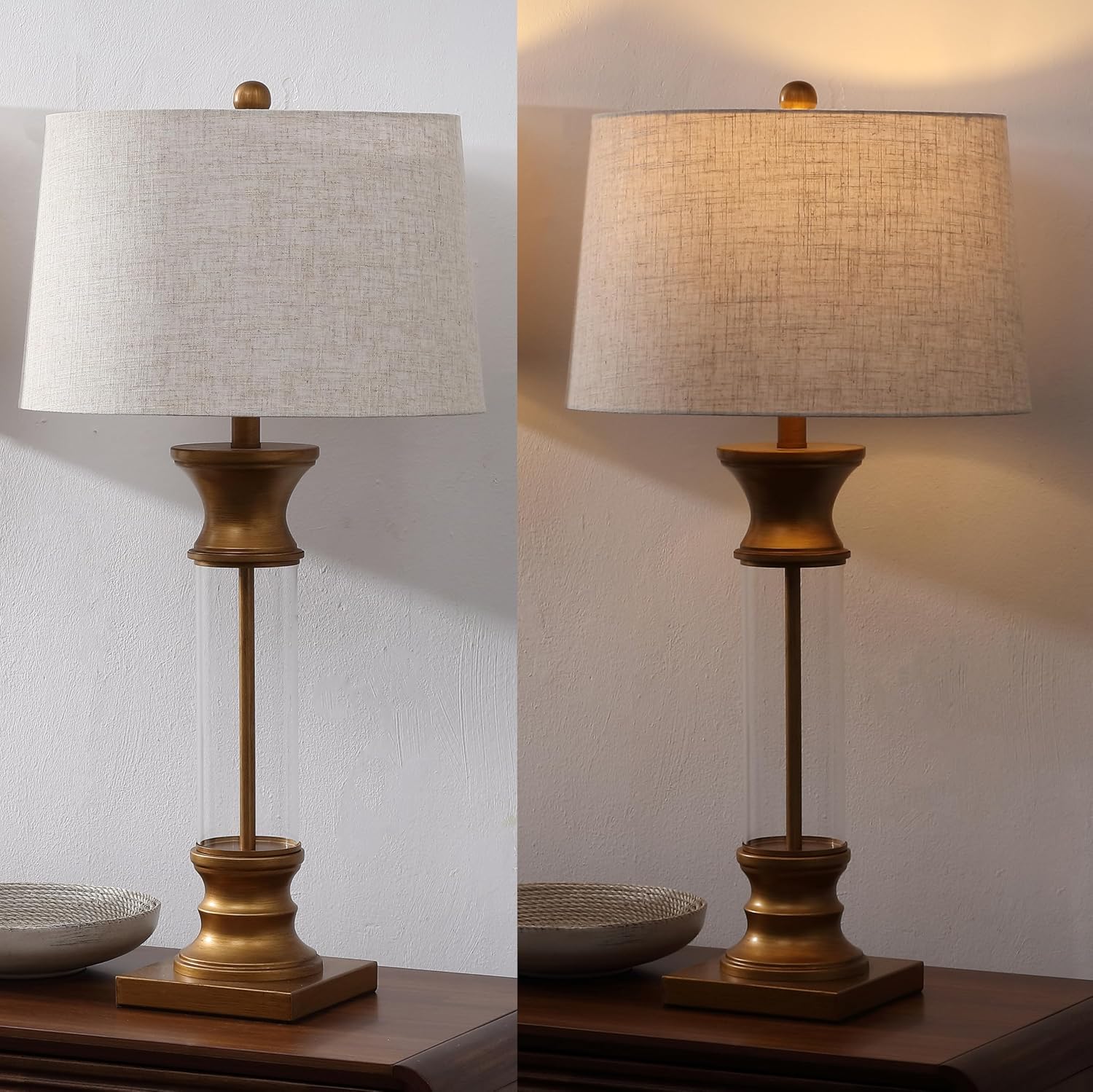 JONATHAN Y 32" Gold/Clear Glass Table Lamp Set of 2 for Living Room, Rustic Farmhouse Bedside Nightstand Lamps with Gray Linen Drum Shade, LED Bulbs Included (JYL4000B-SET2)