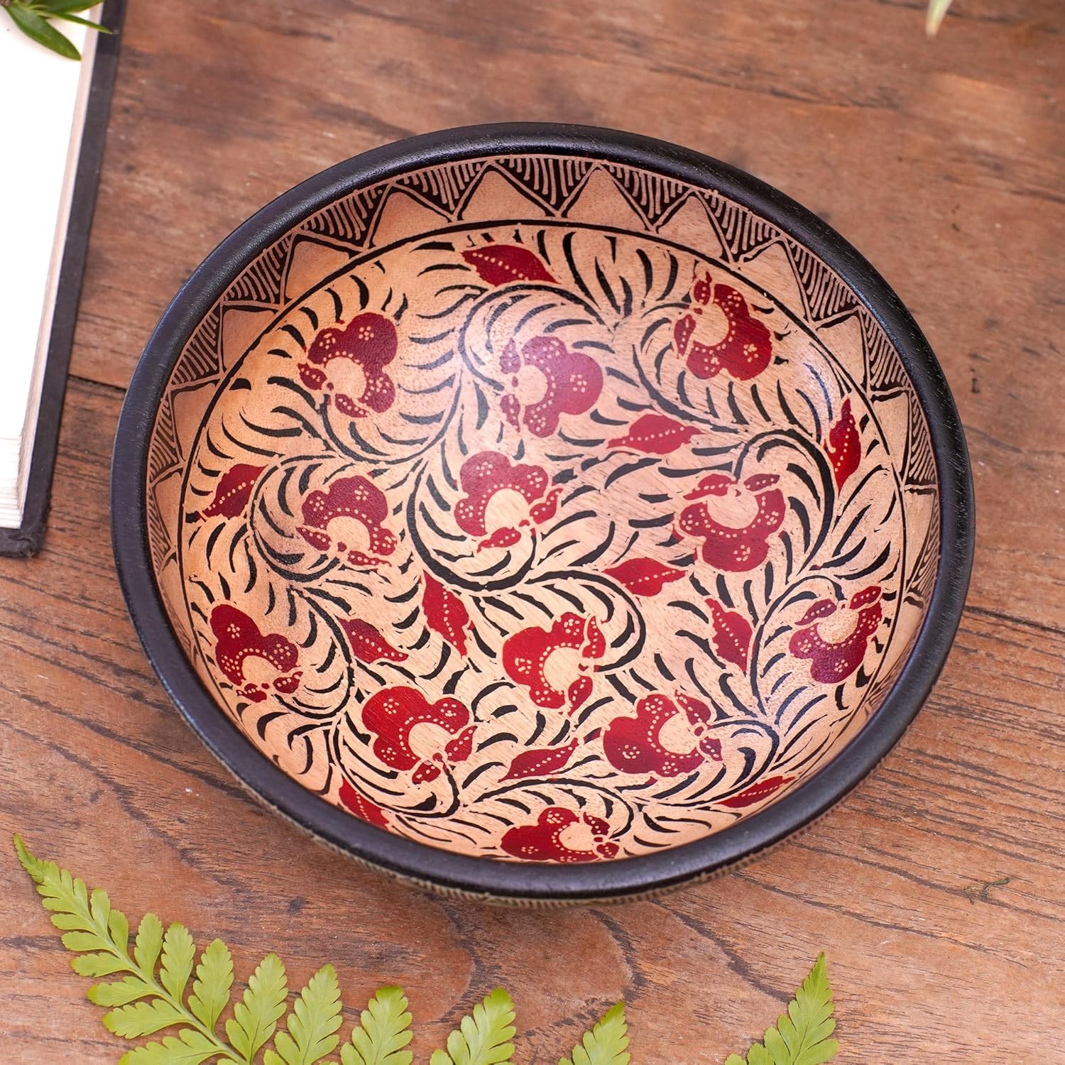 NOVICA Wood Floral Batik Decorative Bowl, Brown, 'Lok Chan Flowers'