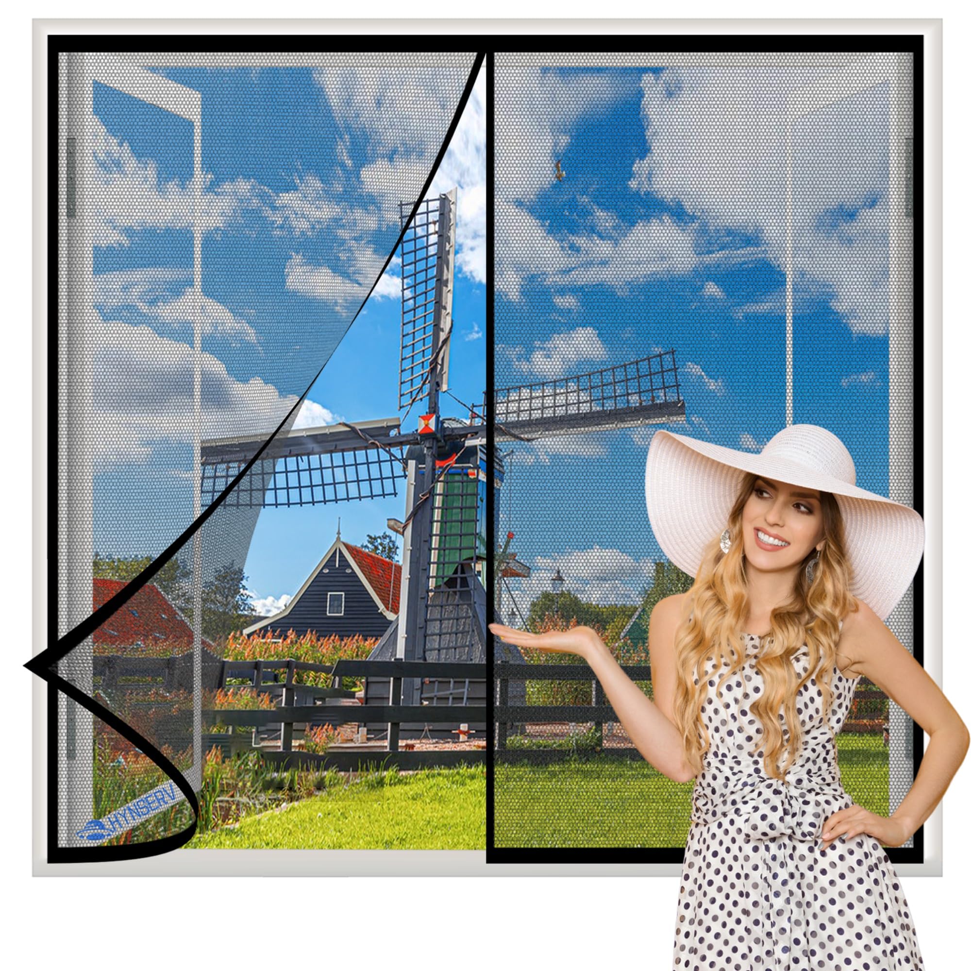 Magnetic Window Screen 105x100cm Black Heavy Duty Mesh Screen, Windows Screens with Magnets for French Doors/Sliding Glass Doors/Patio Doors