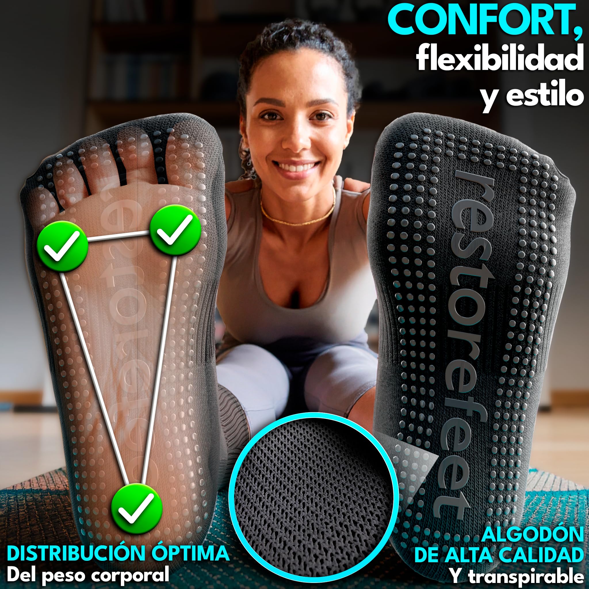 RestoreFeet Barefoot Calcetines Antideslizantes Mujer y Hombre – Calcetines Pilates para Yoga y Fitness, Diseño Anatómico, Antirrozaduras y Antisudor