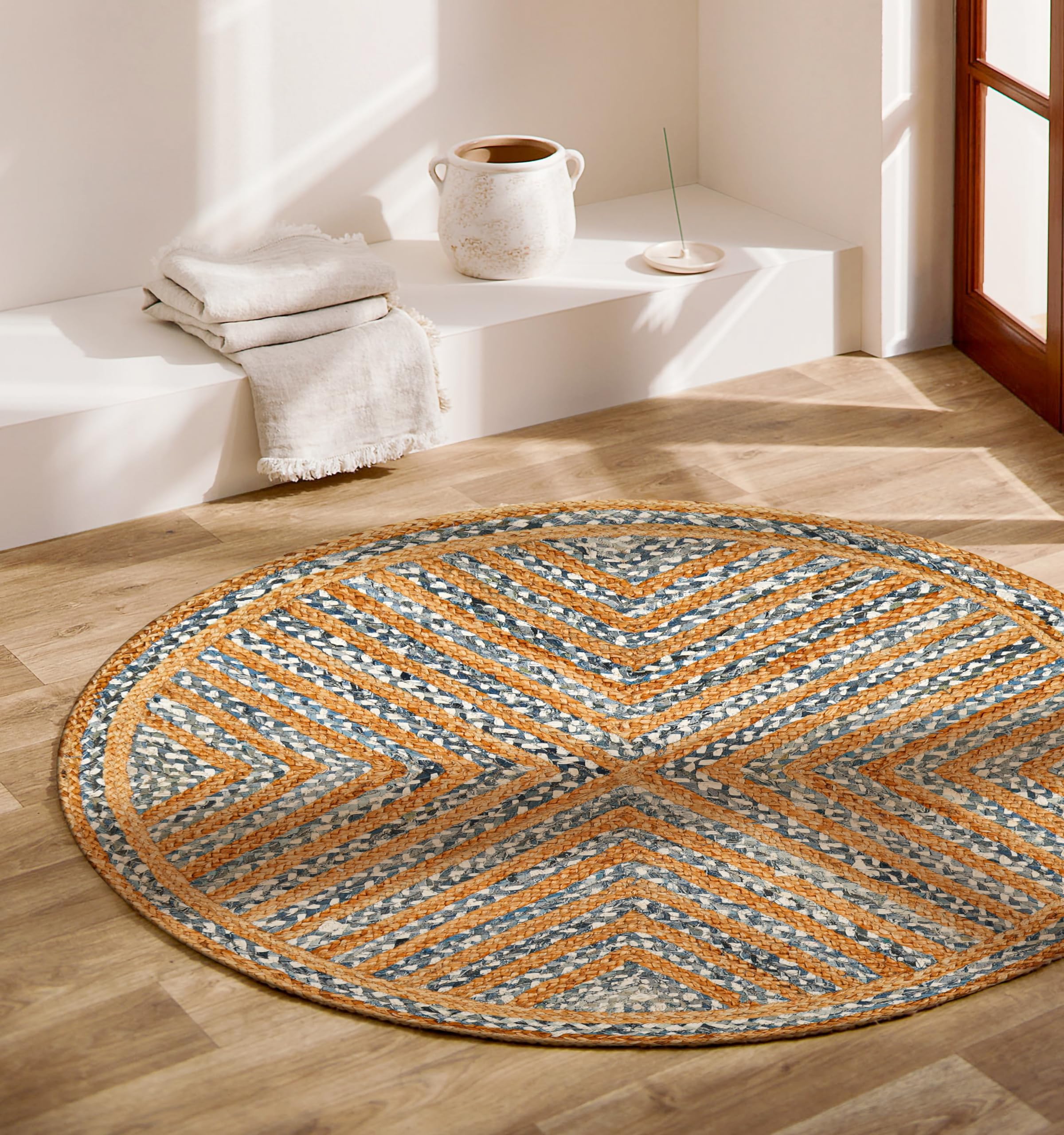 Lightnpro Bohemian-Teppich aus Jute, Baumwolle, Denim, geflochten, rund, Bauernhaus, Jute, Baumwolle, Flickenteppich für Küche, Kinderzimmer, Spielzimmer, bunt, handgewebt, wendbar, haustierfreundlich