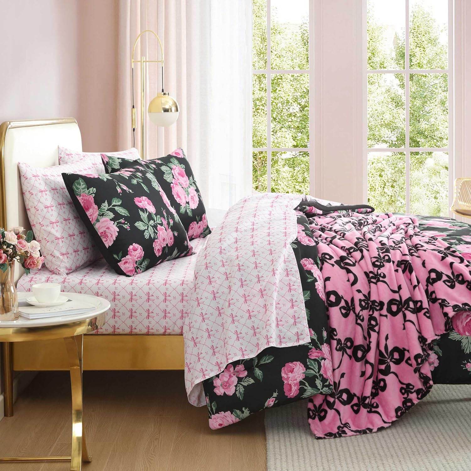 Betsey Johnson - Full Bedding Set, Wrinkle-Resistant 8 Piece Bed Set, Ultra-Soft Comforter w/Matching Bed Sheets, Pillowcases & Throw Blanket, Lightweight for All-Season Comfort (Garden Floral Pink)