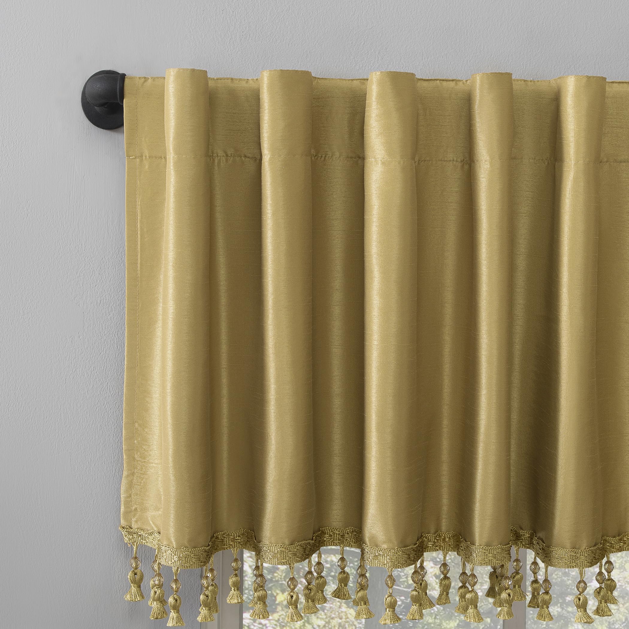 Sun Zero Greyson Faux Dupioni Silk Beaded Tassels Thermal Extreme Total Blackout Back Tab Curtain Valance, 50" x 17", Gold - Image 2