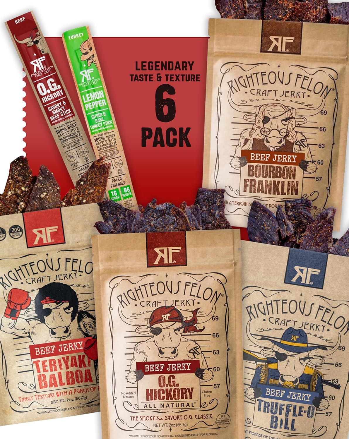 Righteous Felon Savory Beef Jerky Variety 6-Pack Sampler | Gluten-Free High-Protein Beef, Pork & Turkey Jerky Gift Pack