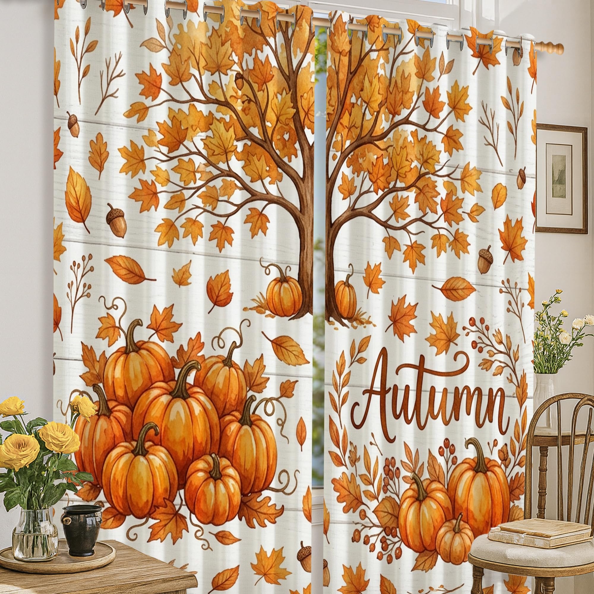 Rideaux occultants salon au motif citrouilles orange automne sans plis