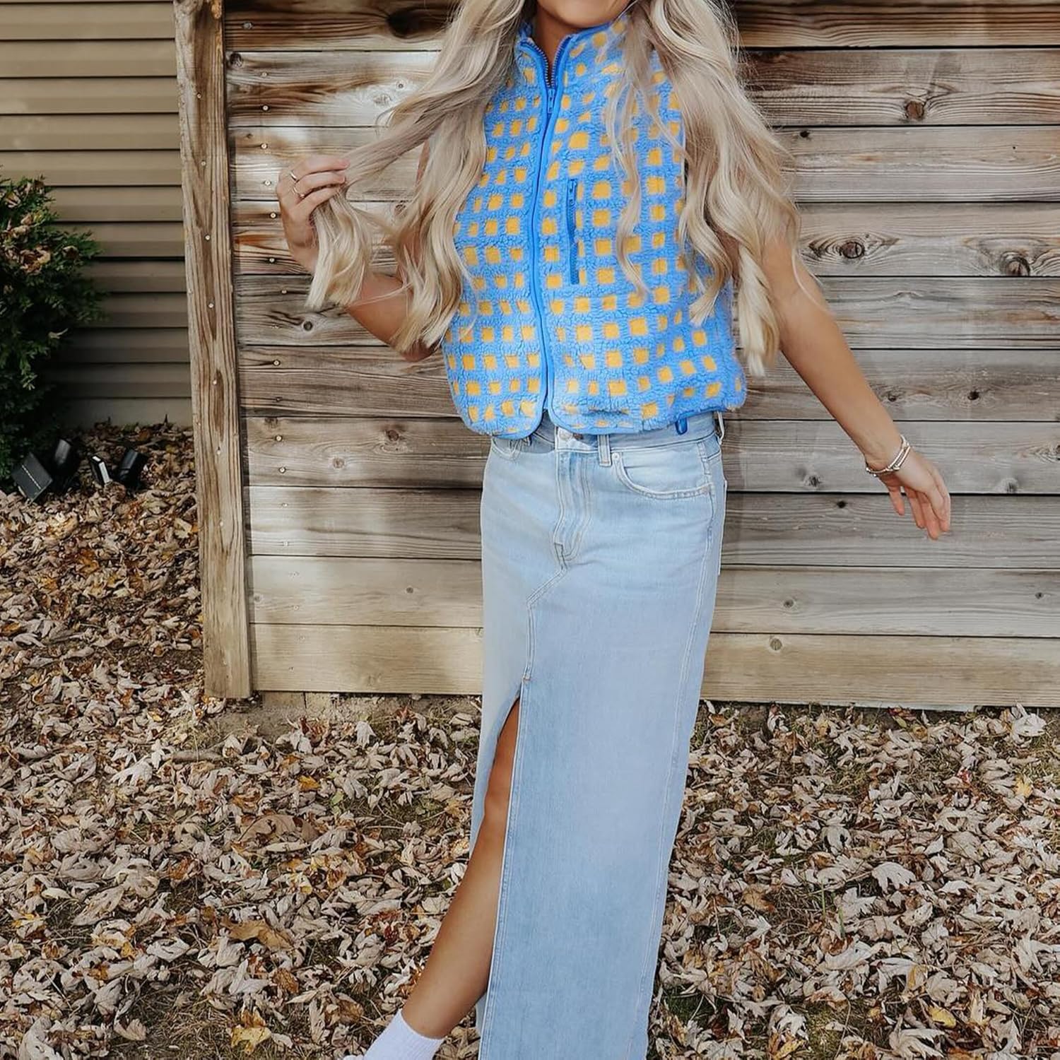 Songling Women's Checkered Sherpa Vest Fleece Winter Sleeveless Coat Zip Front High Neck Plaid Gilet with Chest Pockets - Image 7